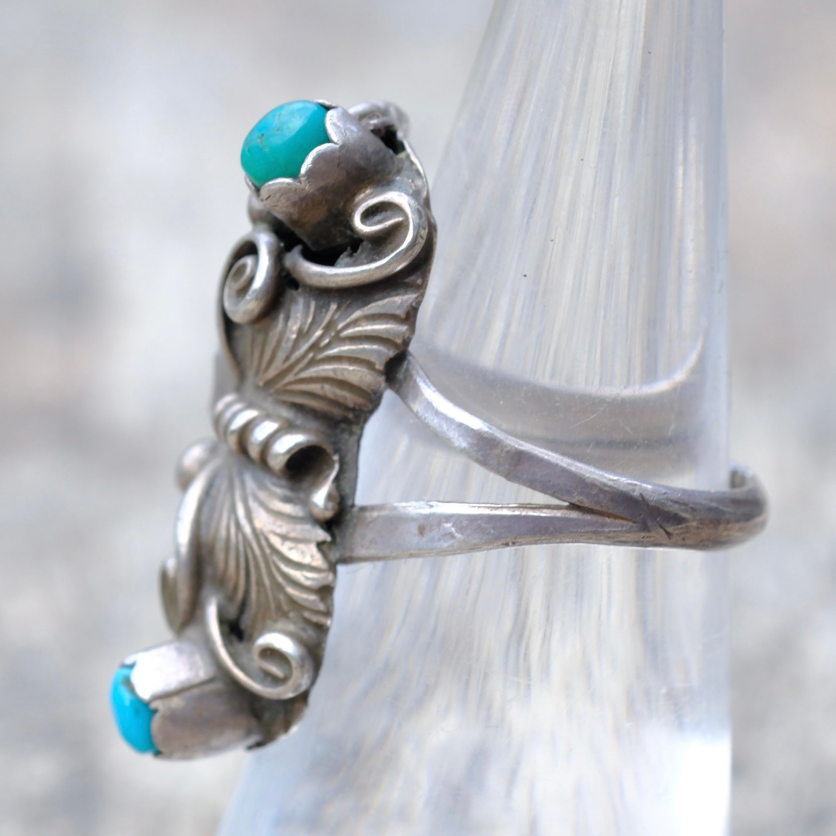 Vintage Sterling Silver Coral & Turquoise Leaf Ring 6.5