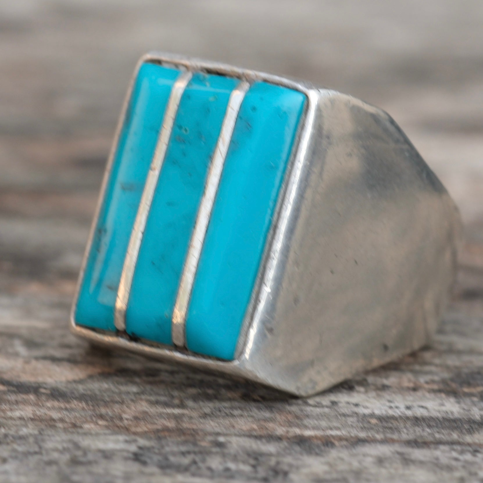 Vintage Sterling Turquoise Inlay Striper Ring 9.75