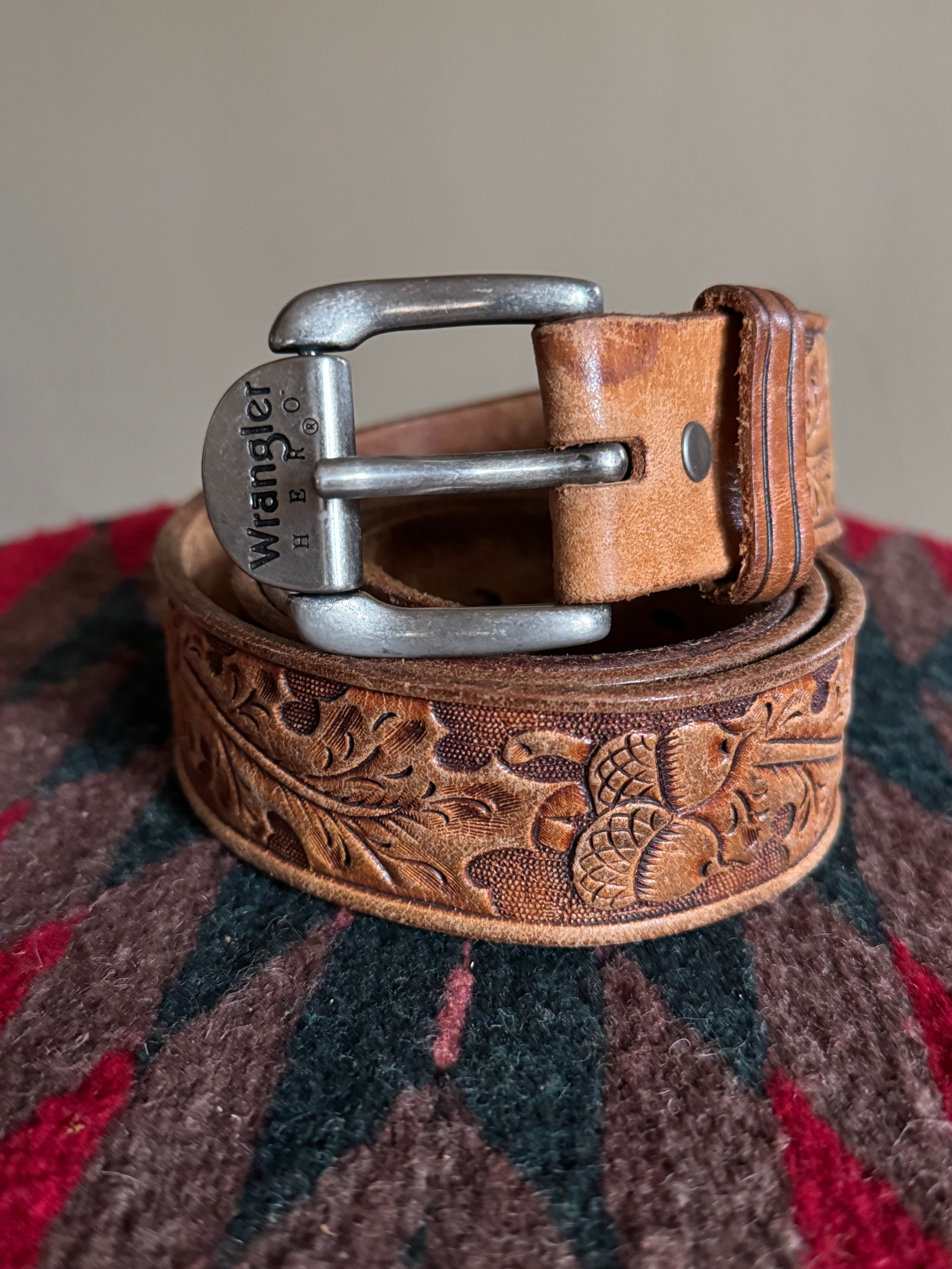 Vintage Hand Tooled Brown Leather Leaf & Acorn Belt- Wrangler Brand
