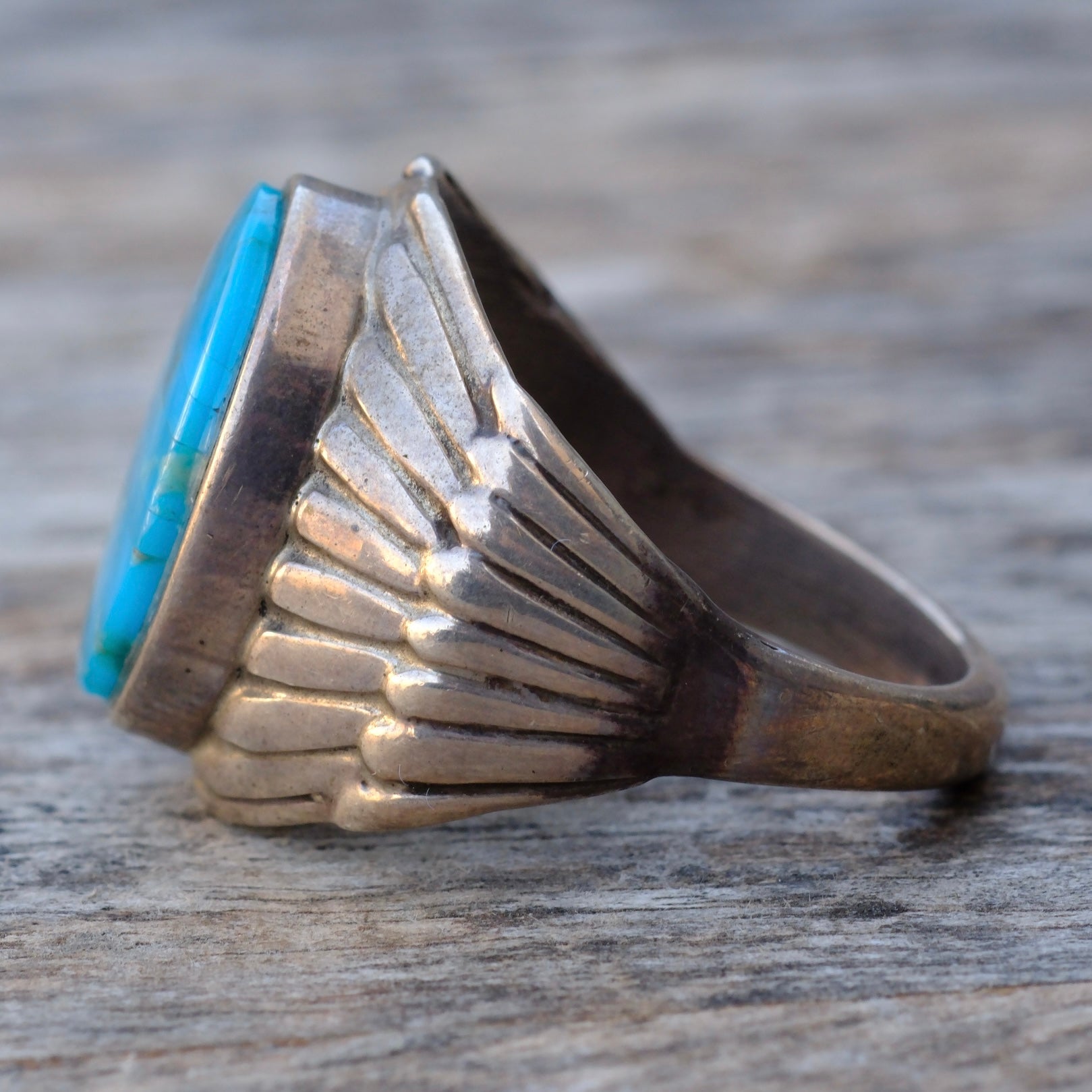 Vintage Sterling Turquoise Inlay Ribbed Band Ring 11.5