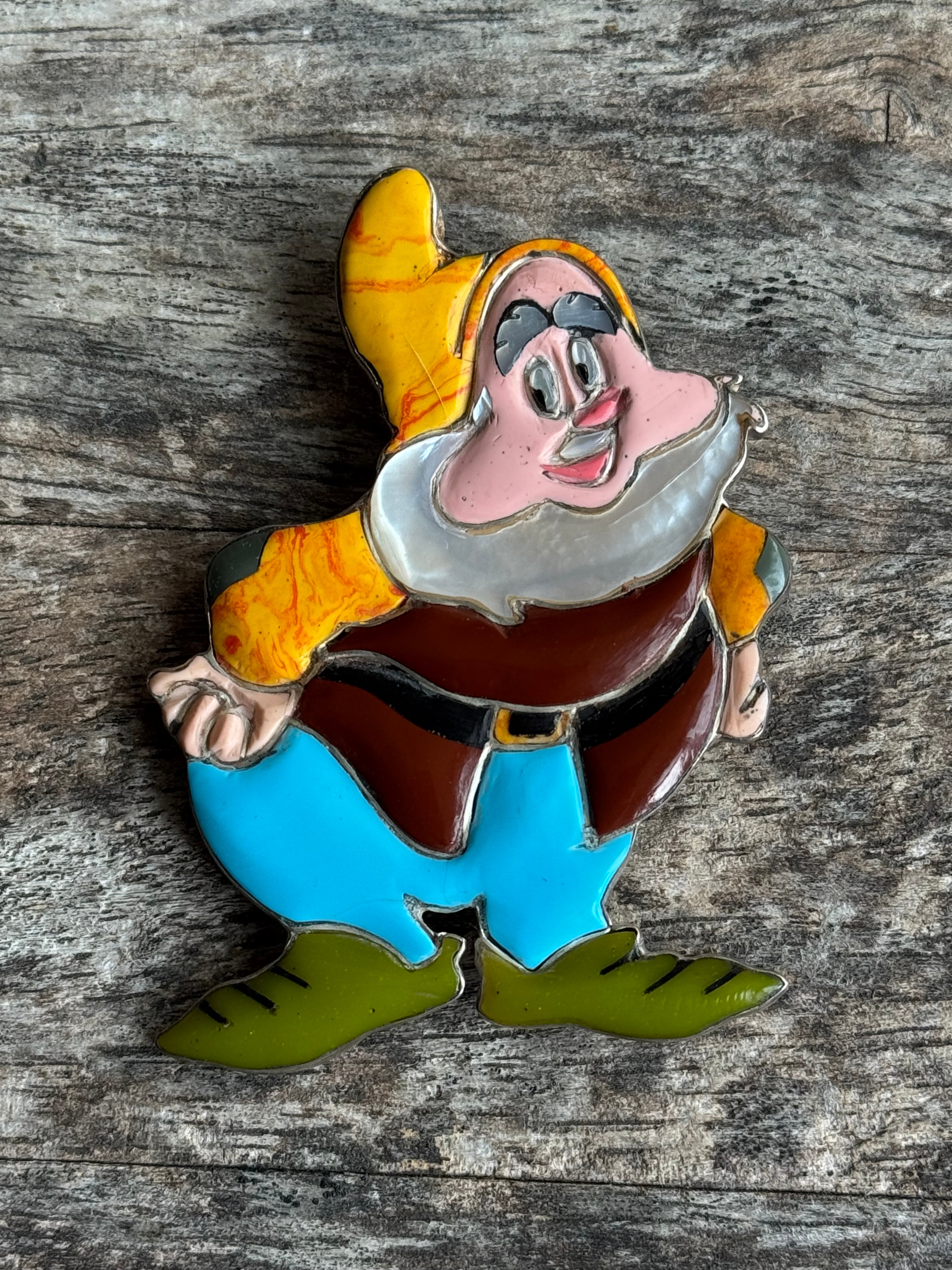 Vintage Sterling Silver Happy the Dwarf Inlay Pin