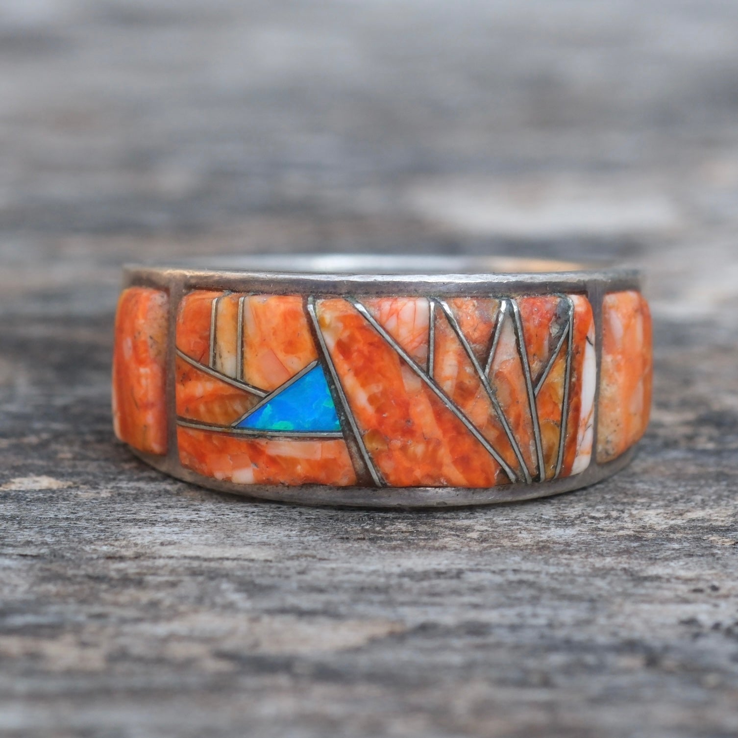 Vintage Sterling Spiny Oyster Inlay Band Ring 8.25