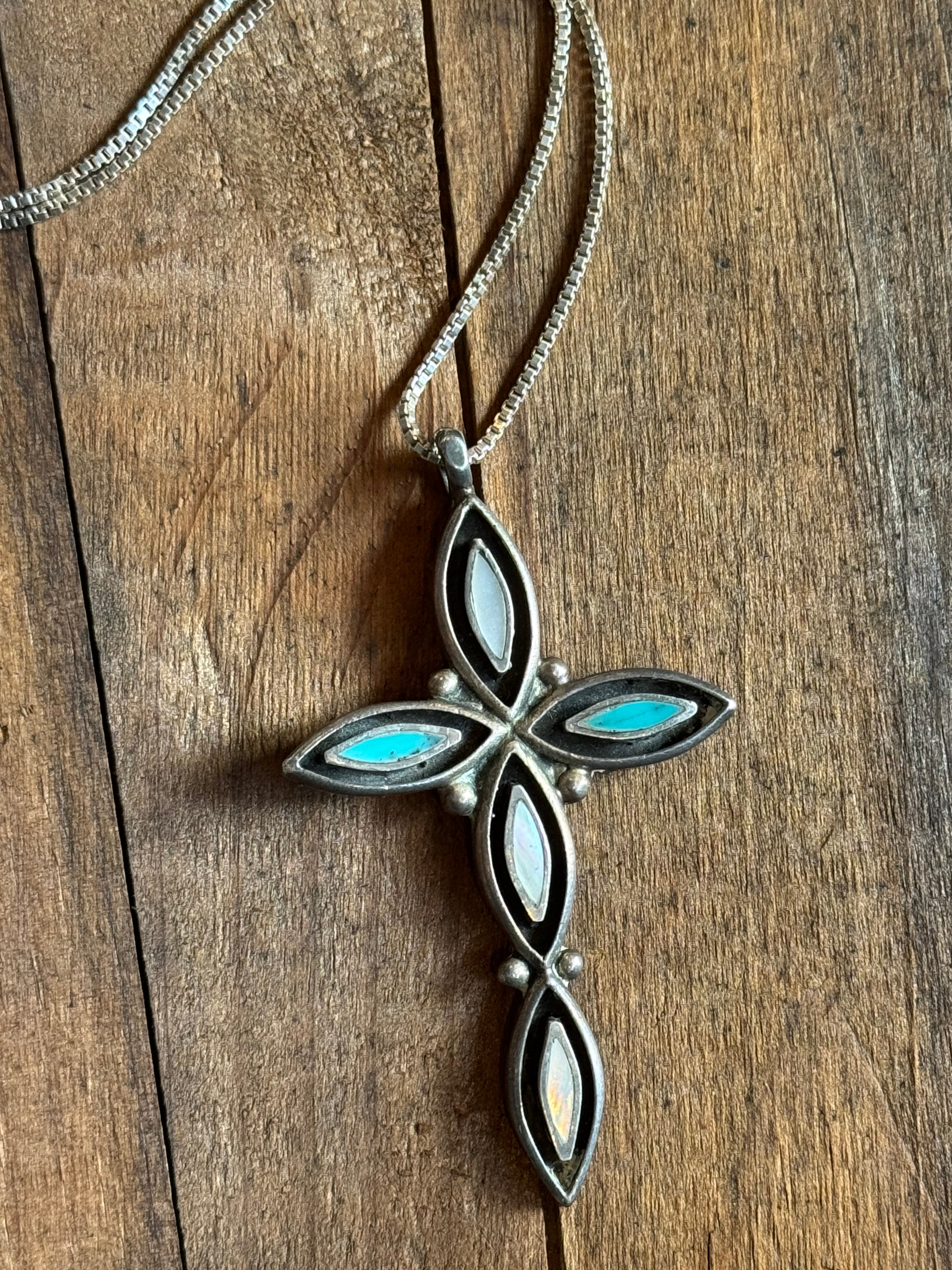 Vintage Sterling Silver Turquoise & Mother of Pearl Inlay Cross Necklace