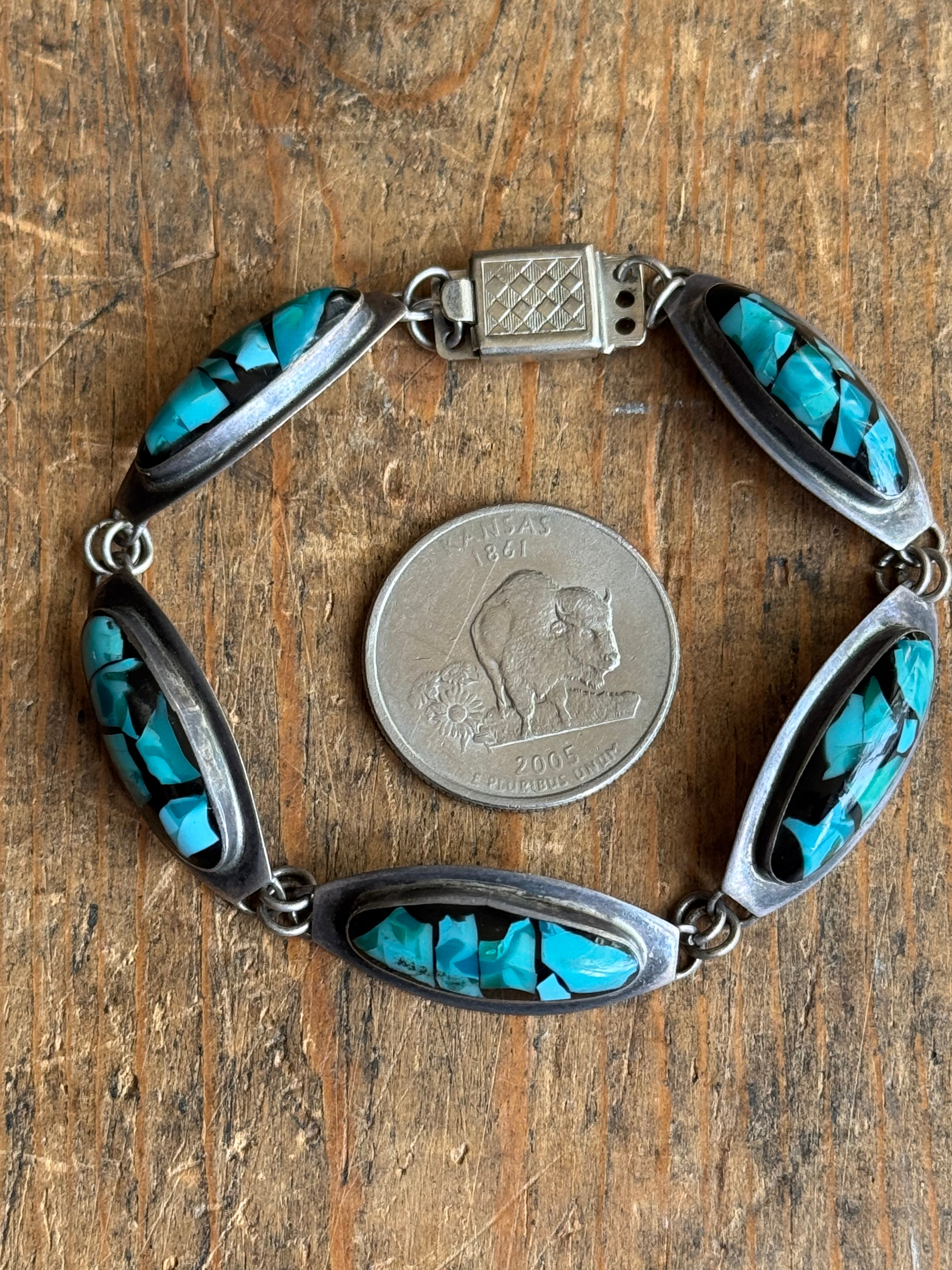 Vintage Sterling Silver 6.75” Turquoise Resin Link Bracelet