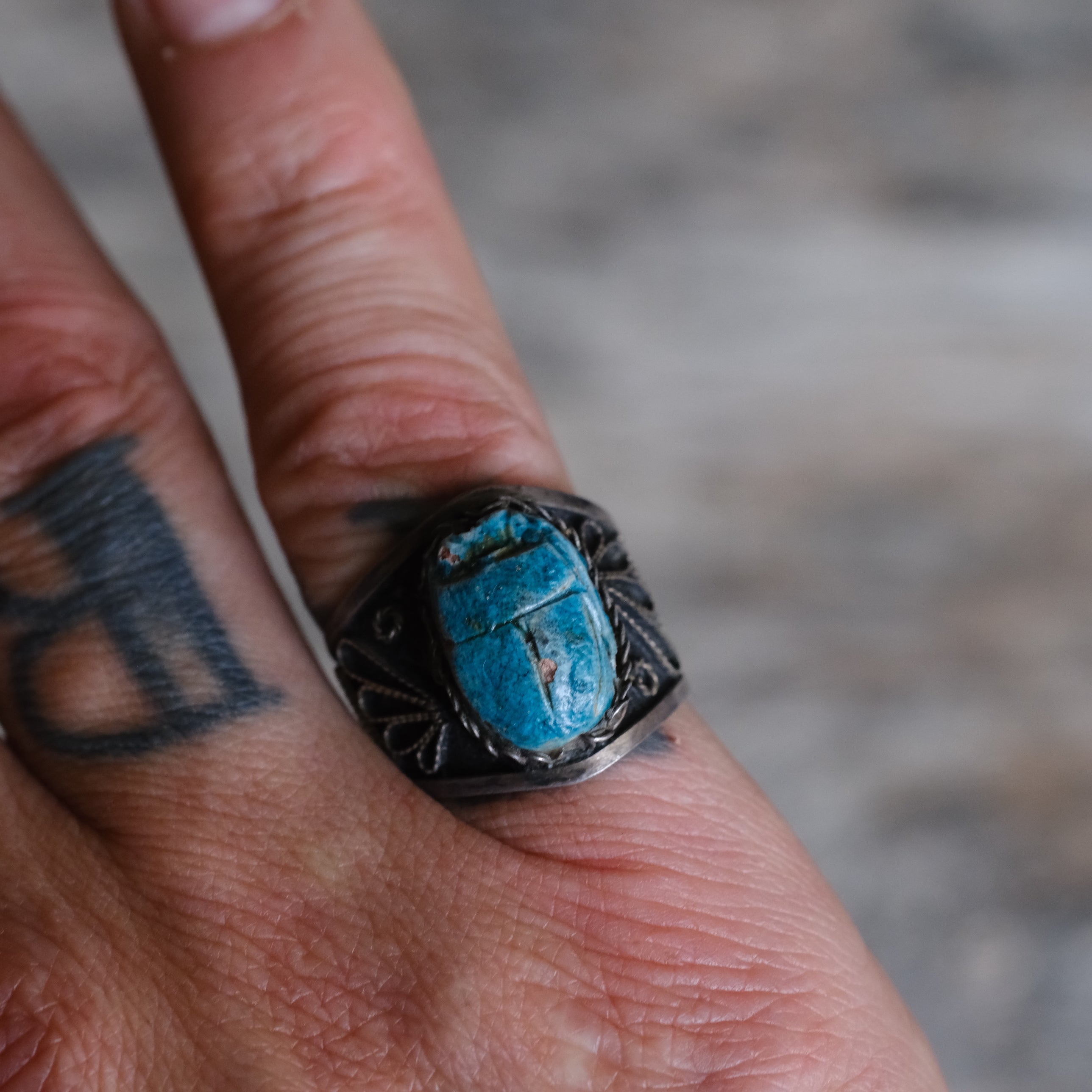 Vintage Sterling Carved Turquoise Scarab Open Back Ring 7.5