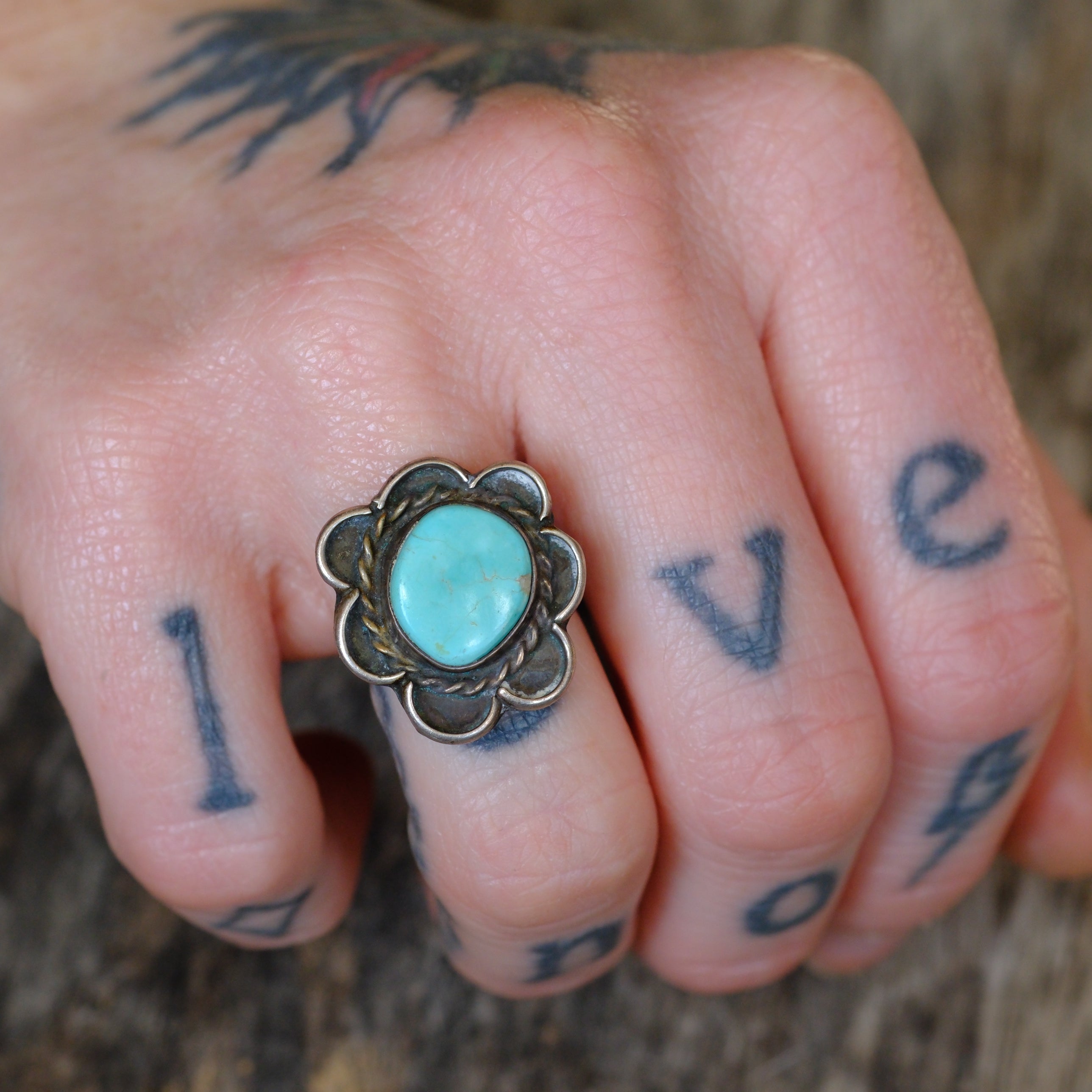 Vintage Sterling Turquoise Florette Ring 4.75