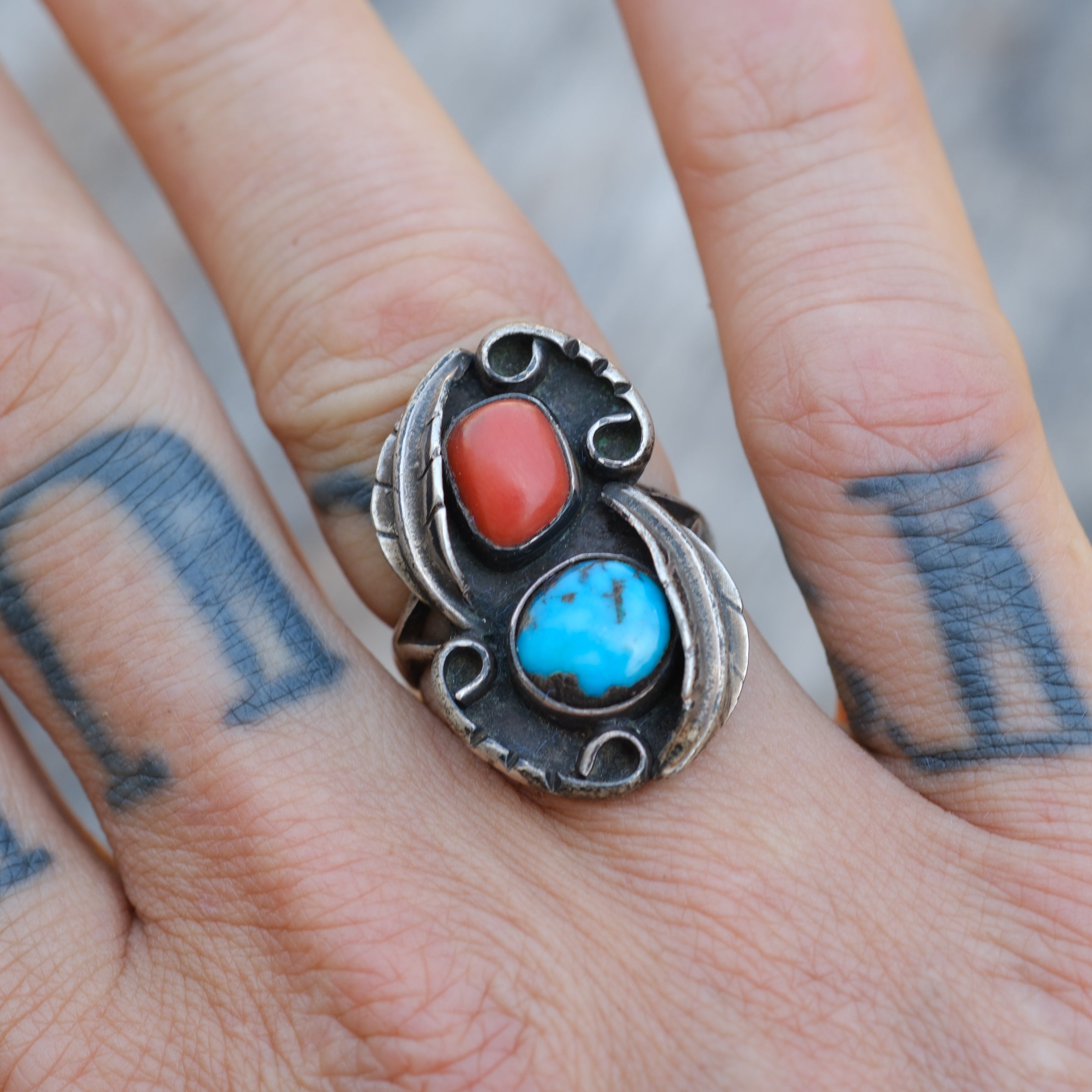 Vintage Sterling Turquoise and Coral Feather Ring 7.75