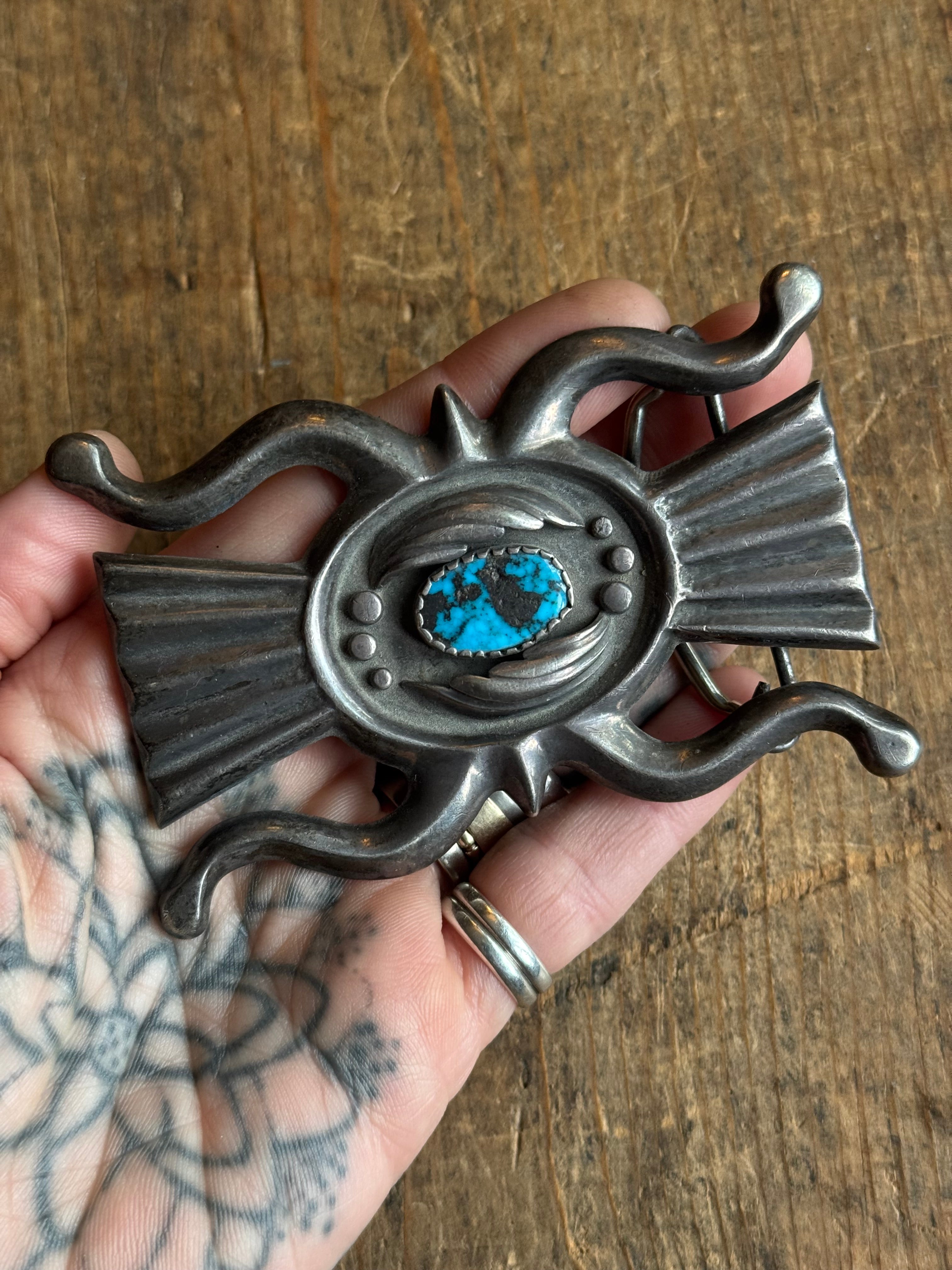 Vintage Sterling Silver Turquoise Sandcast Belt Buckle