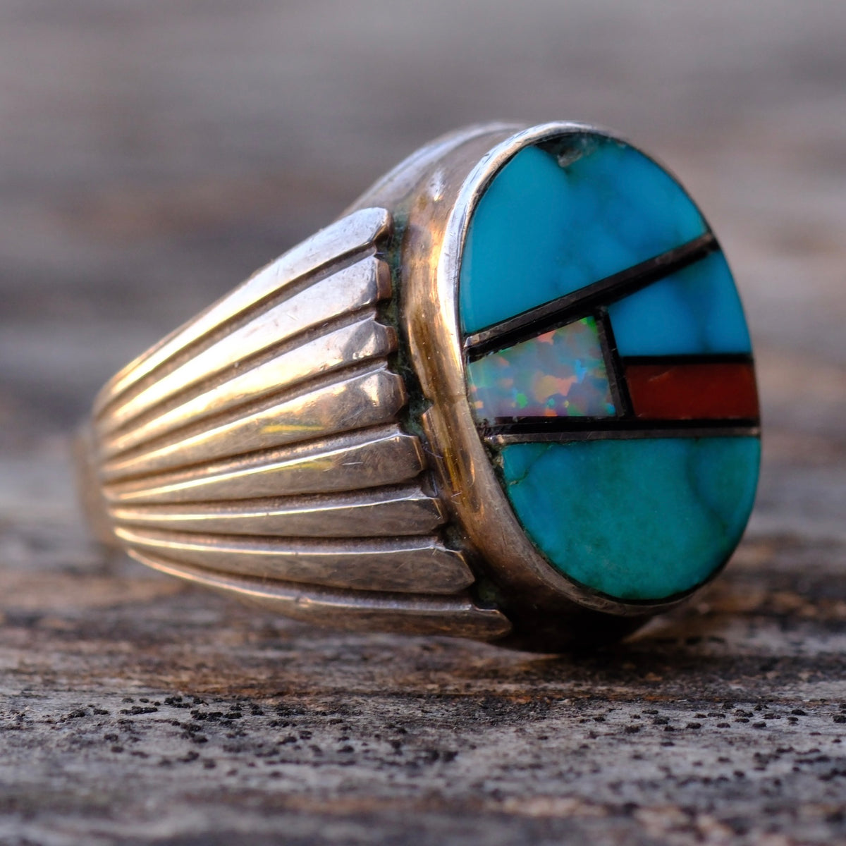 Vintage Sterling Multistone Inlay RIbbed Band Ring 10