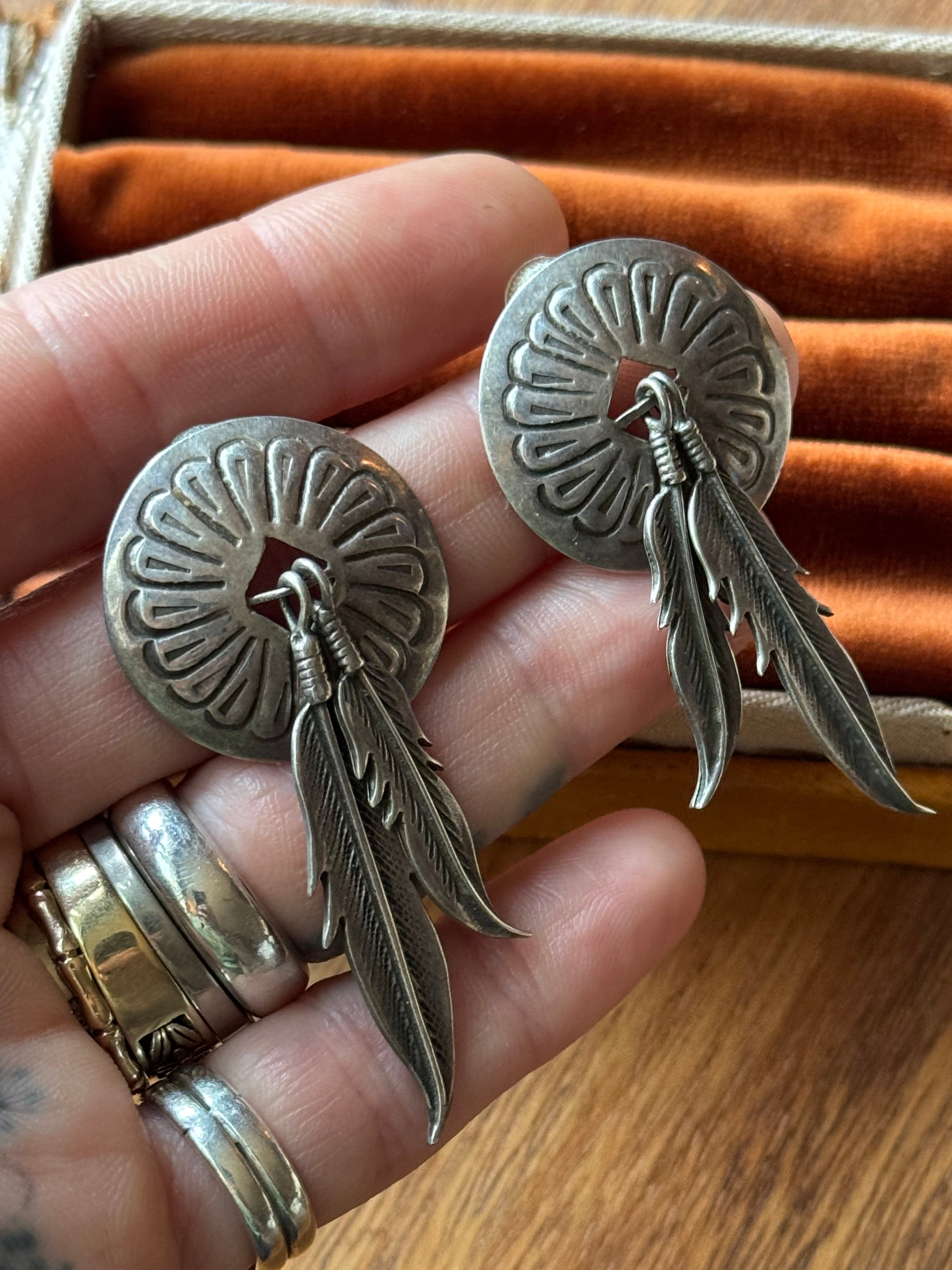 Vintage Sterling Silver Concho Feather Earrings