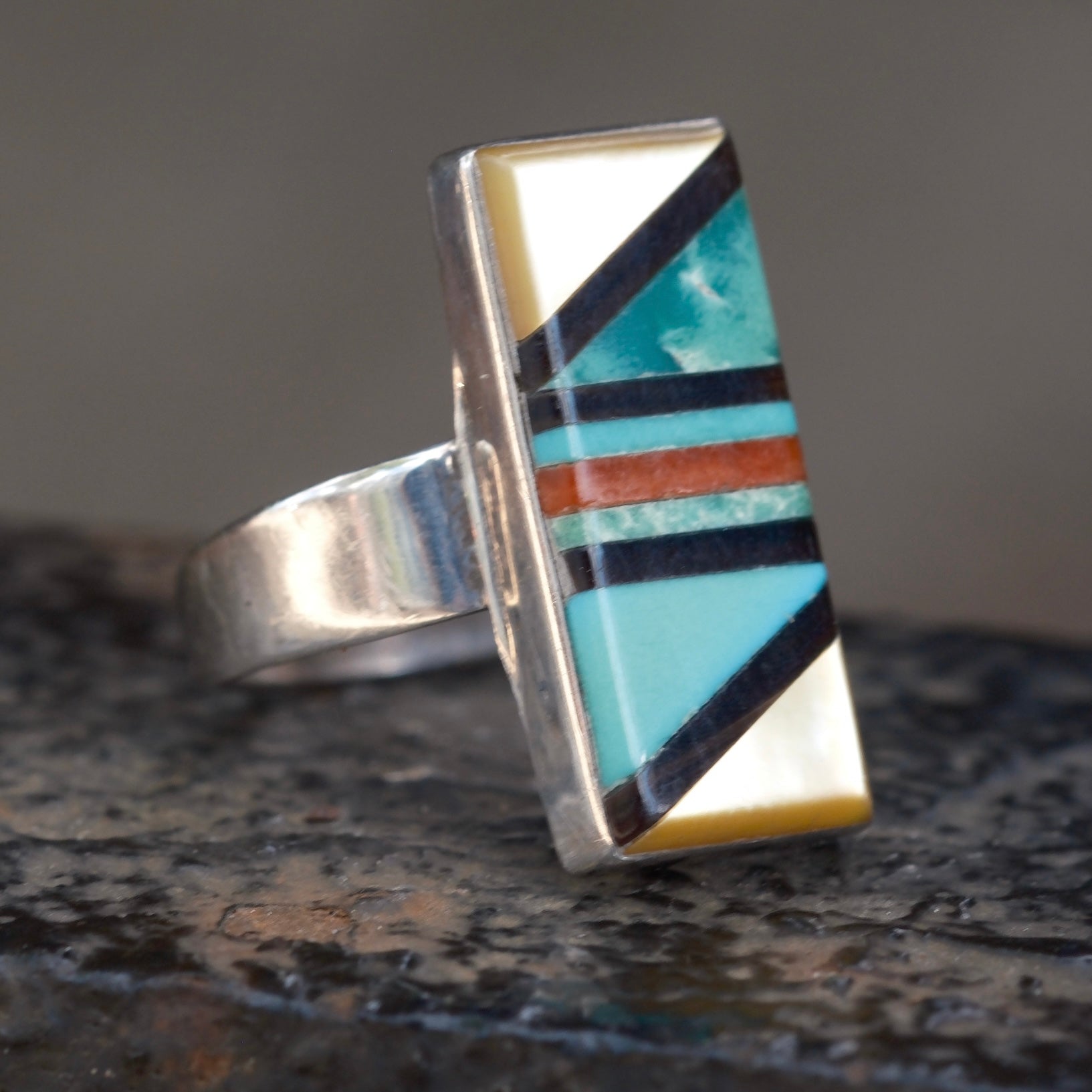 Vintage Sterling Multistone Inlay Ring 5.25