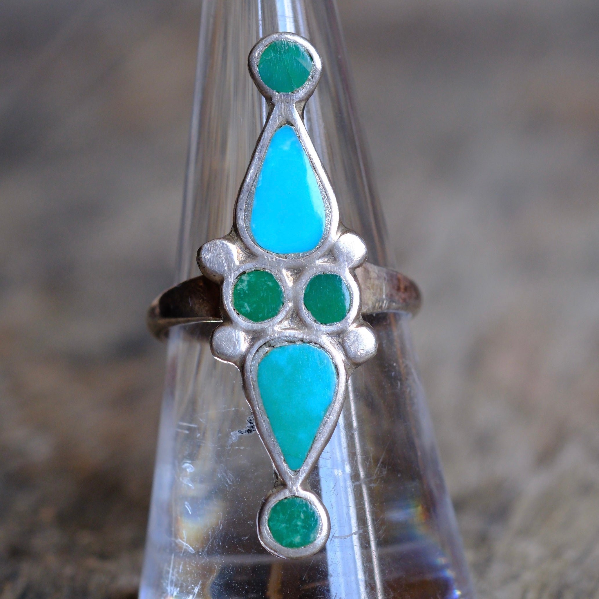 Vintage Sterling Zuni Inlay Turquoise Ring 7.75