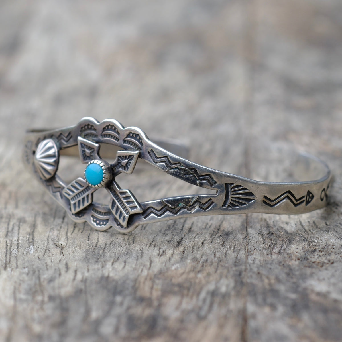 Vintage Sterling Crossed Arrows Turquoise Cuff Bracelet
