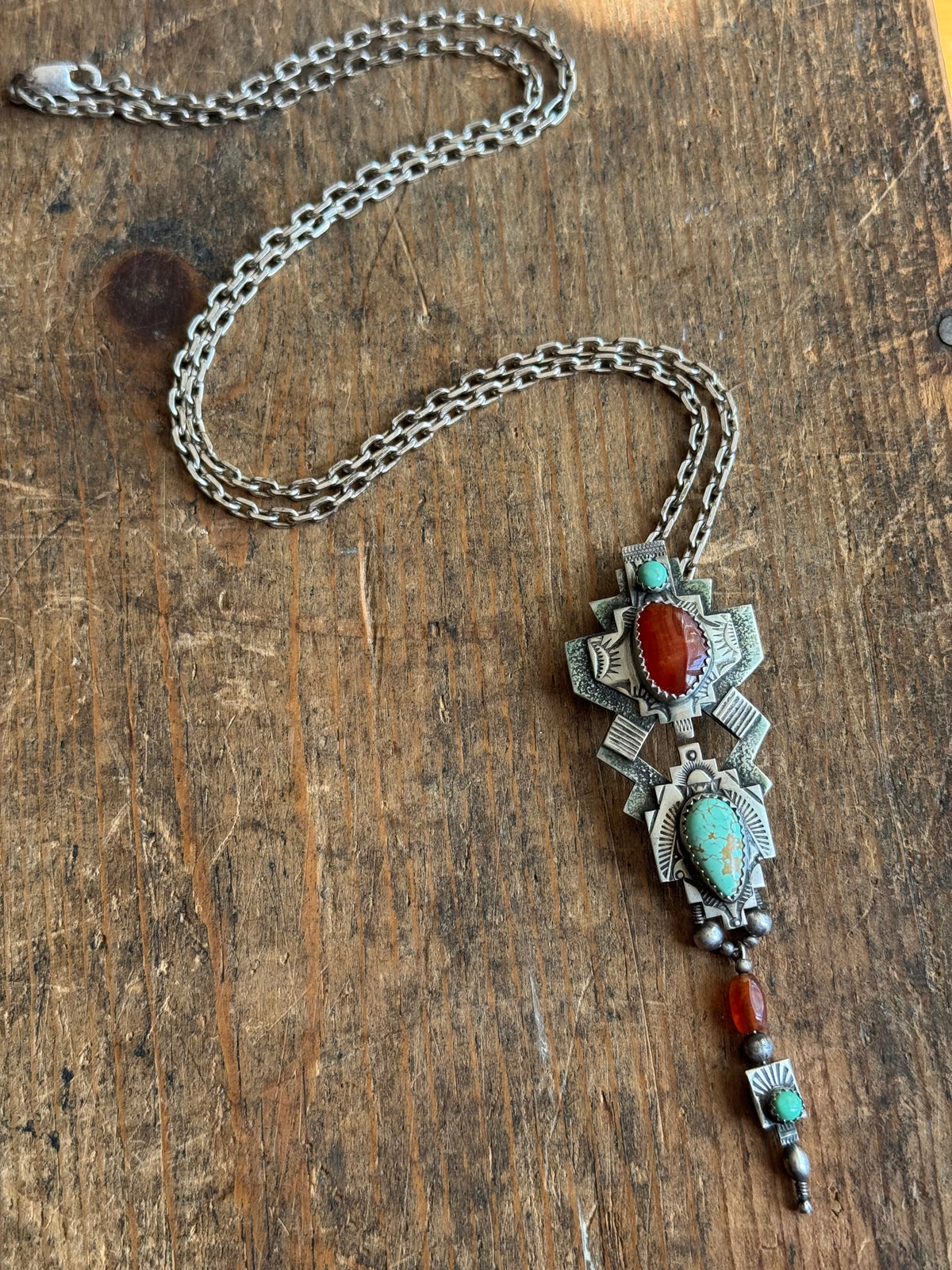 Vintage Sterling Silver Carnelian & Turquoise Stamped Totem necklace