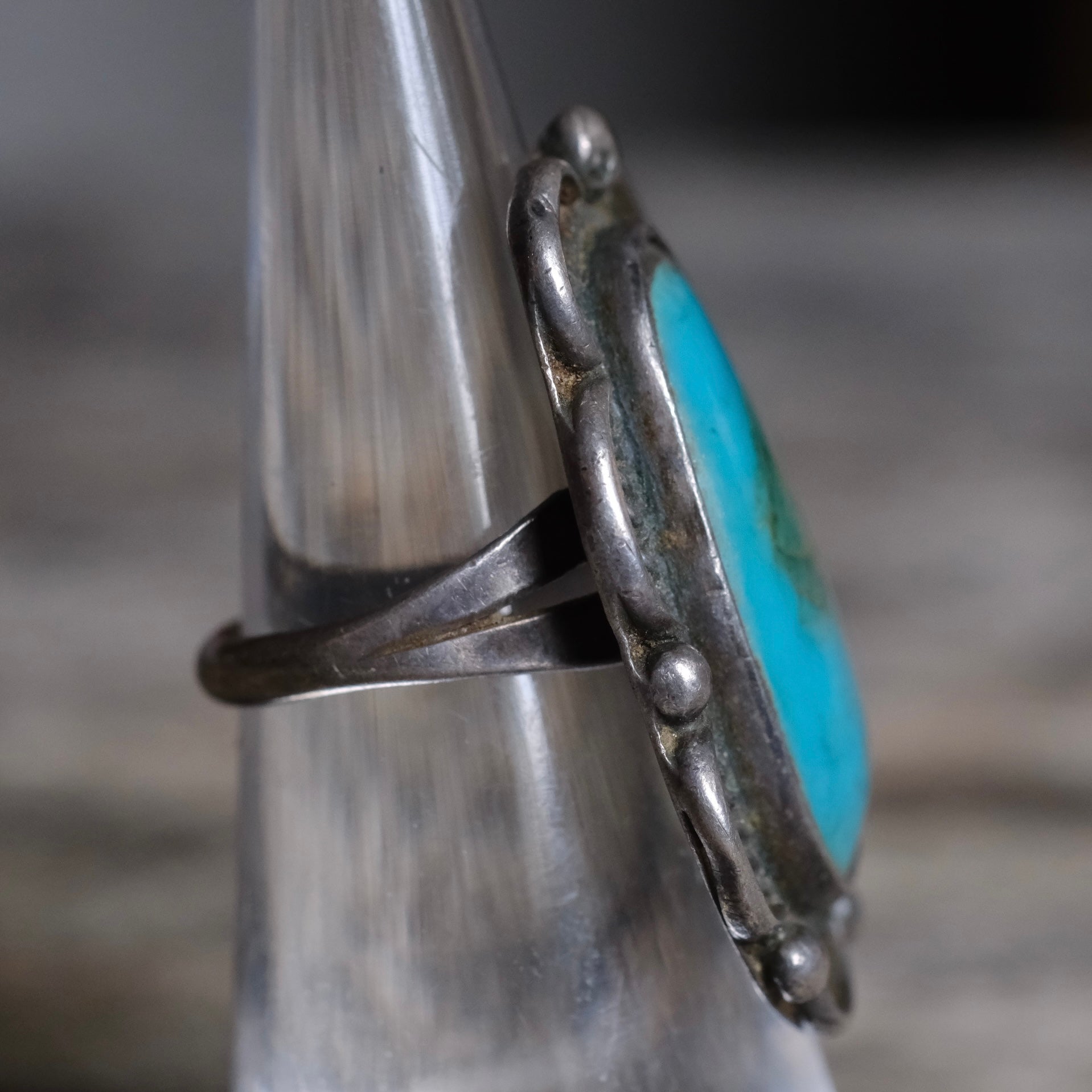 Vintage Sterling Turquoise Florette Ring 4.5