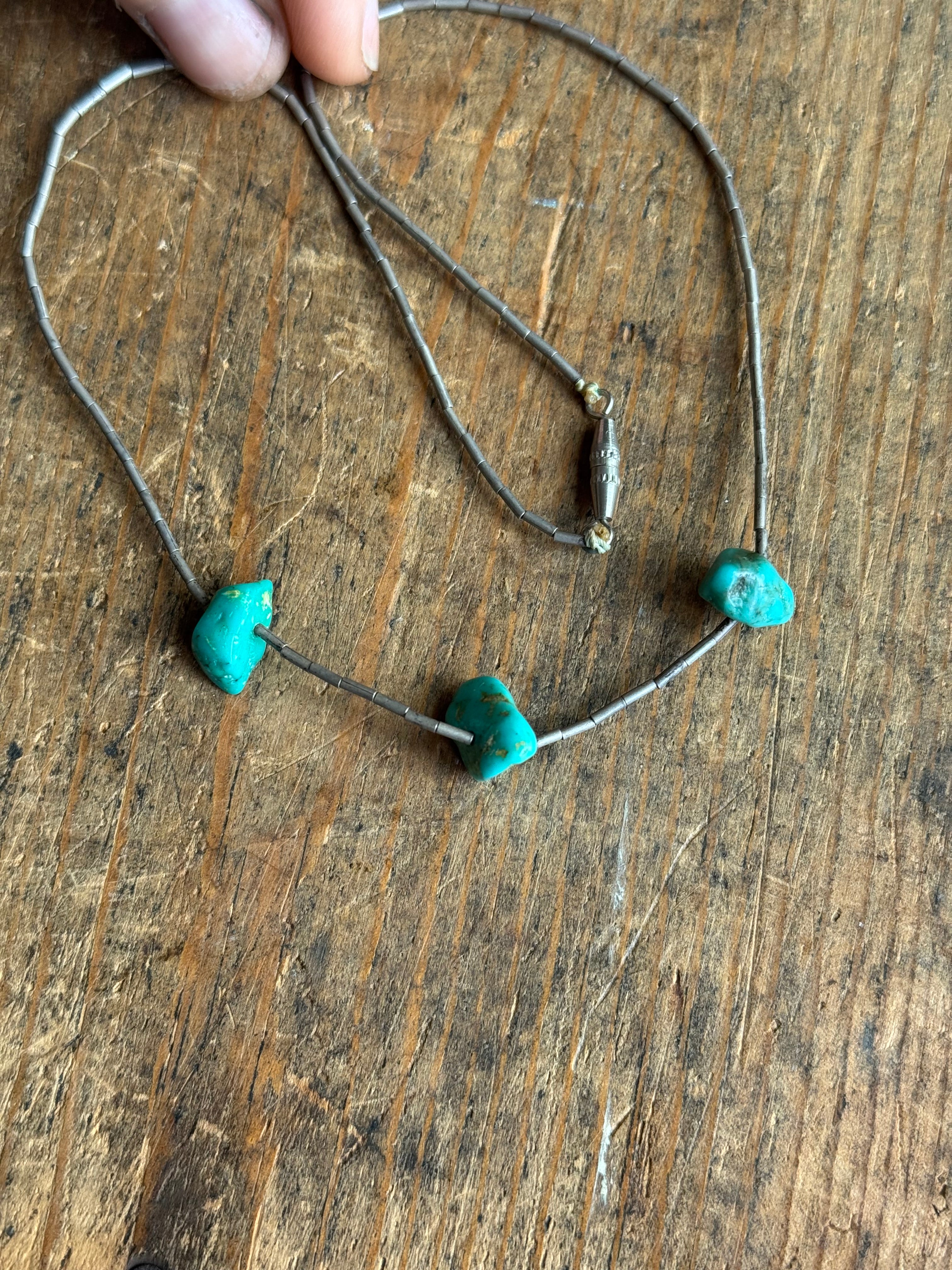 Vintage Sterling Silver 15” Turquoise Liquid Silver Necklace