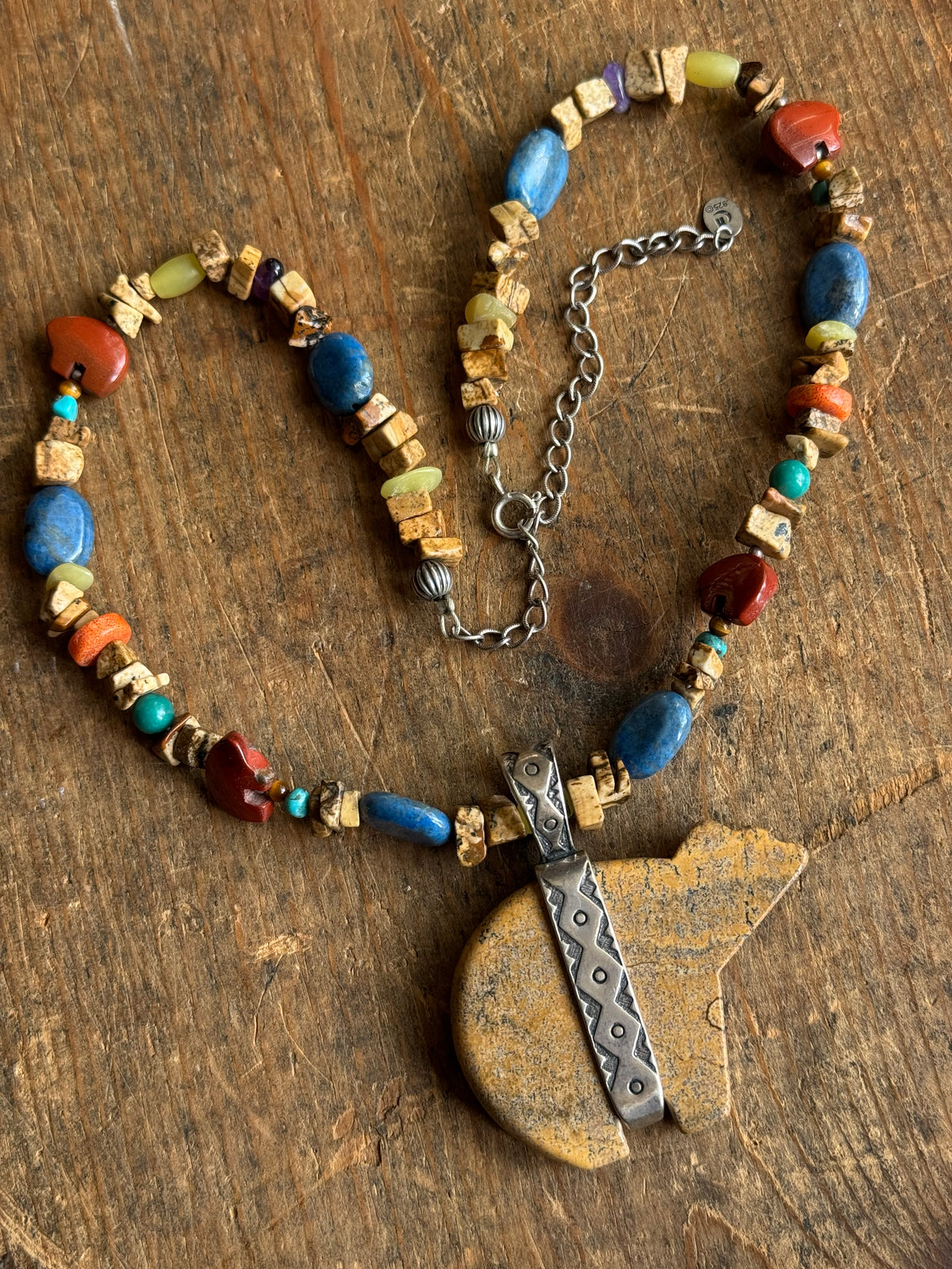 Vintage Mixed Stone Beaded Jasper & Sterling Bear Necklace