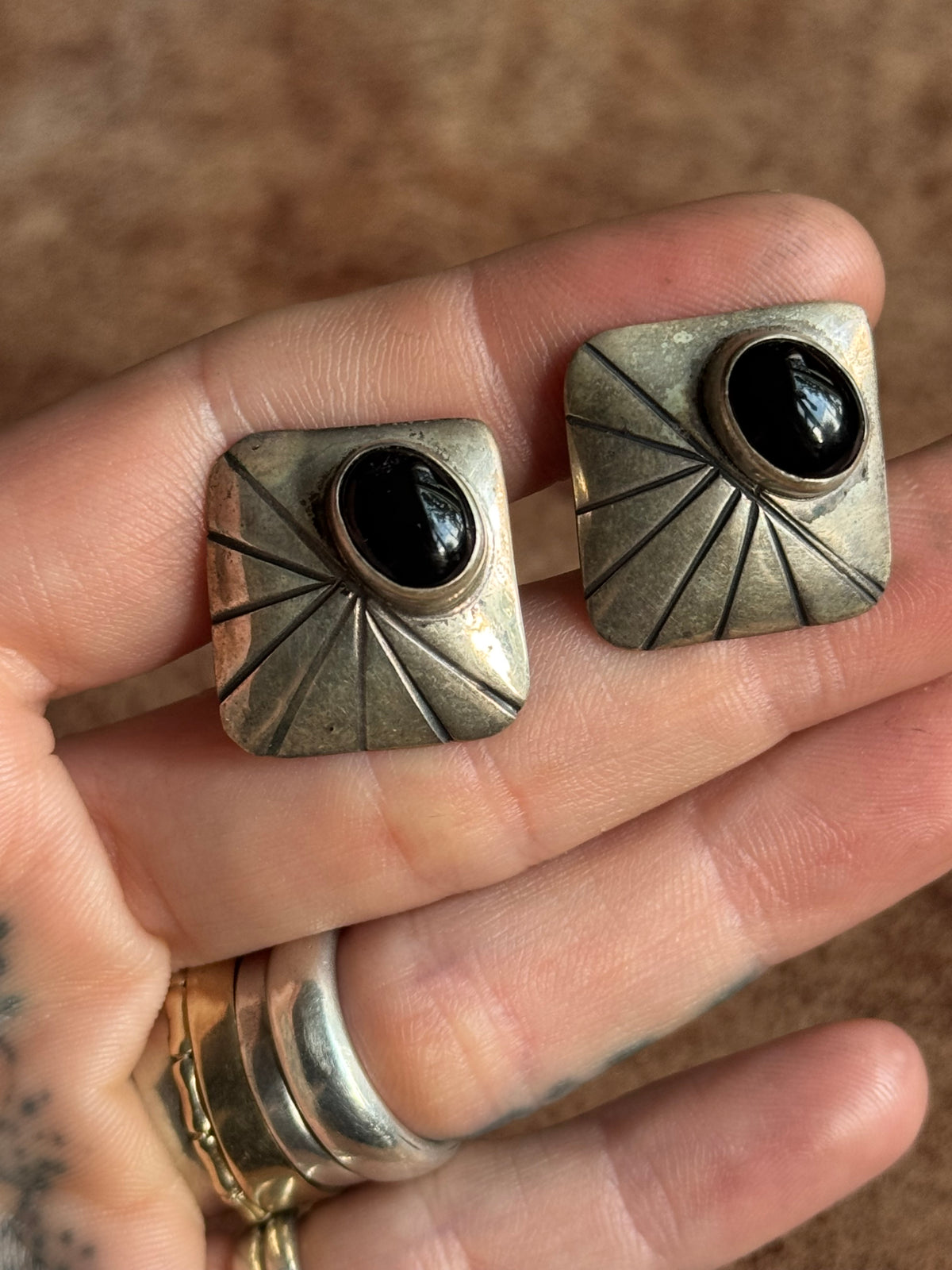 Vintage Sterling Silver Stamped Onyx Square Cufflinks
