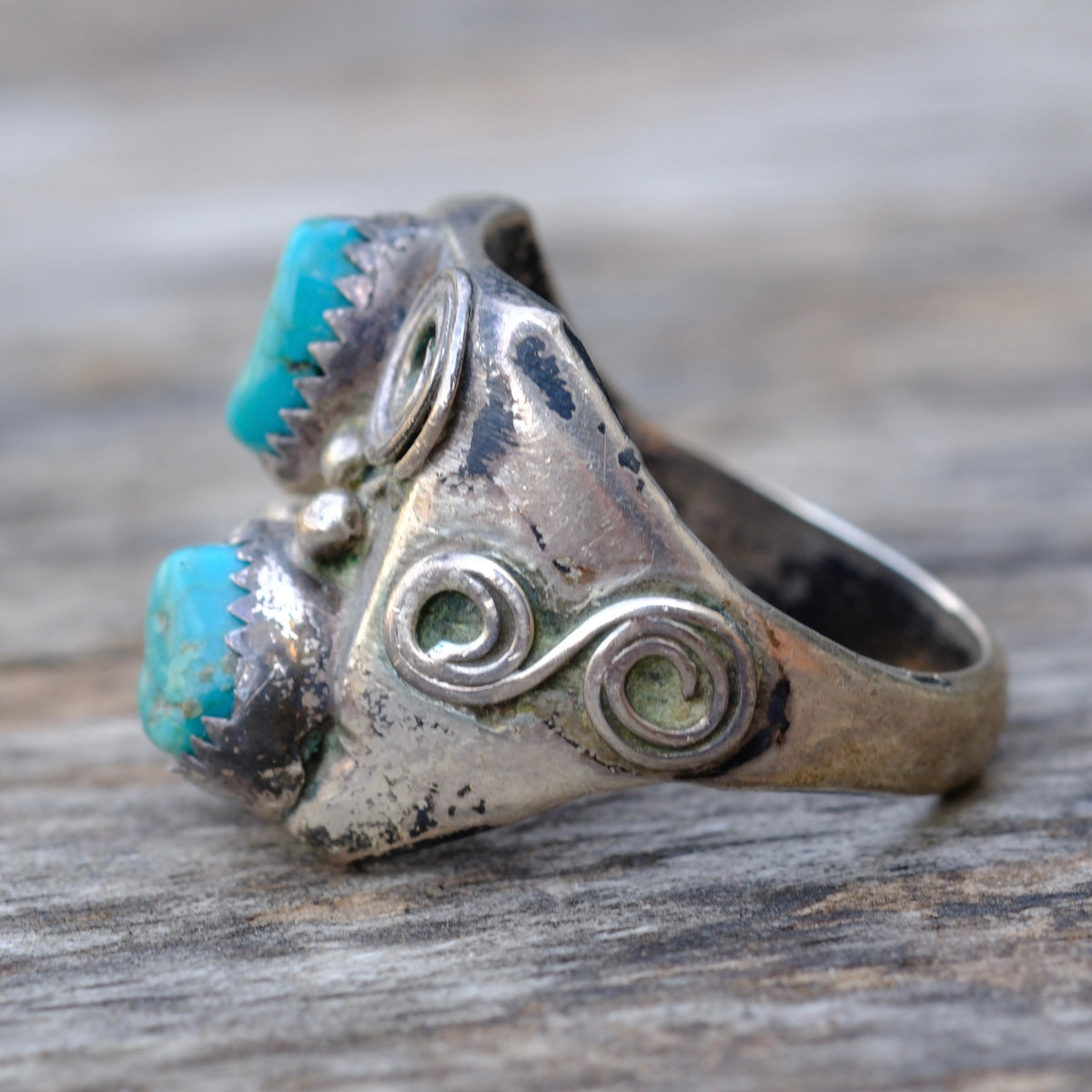 Vintage Sterling 2-Stone Turquoise Ring 10.5
