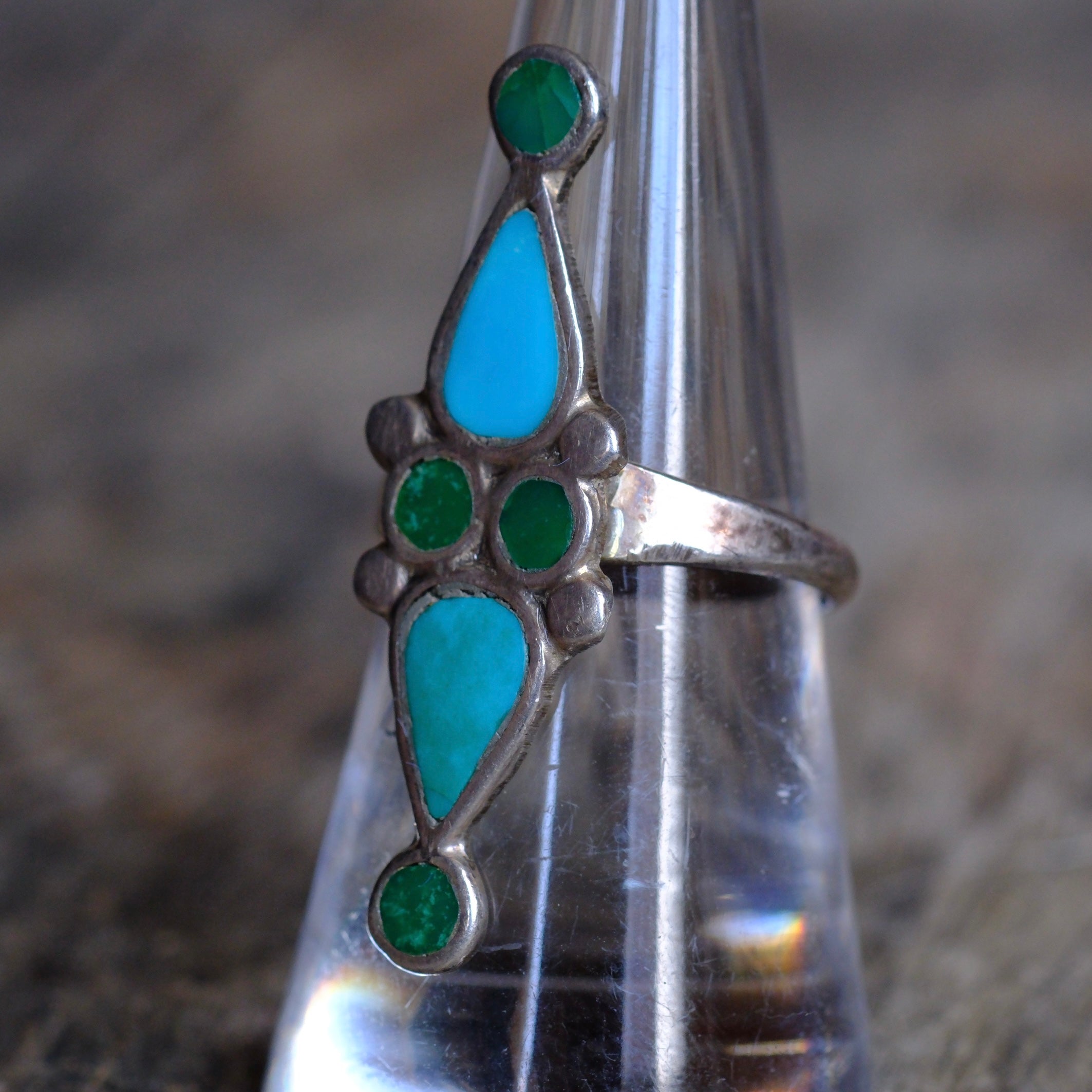 Vintage Sterling Zuni Inlay Turquoise Ring 7.75