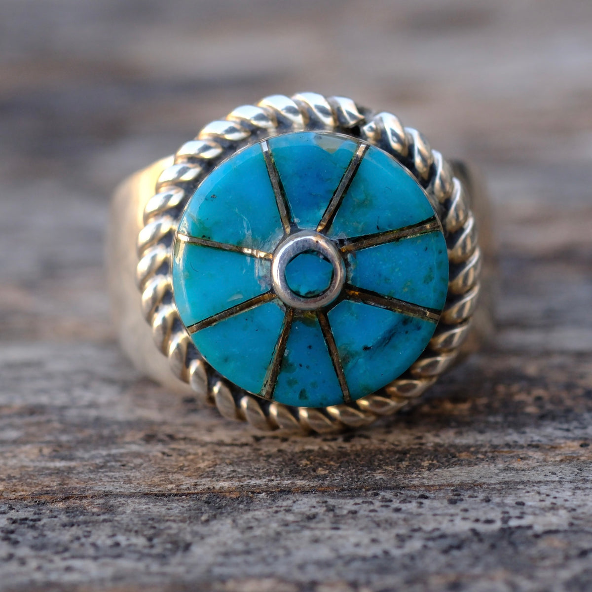 Vintage Sterling Turquoise Inlay Pinwheel Ring 8