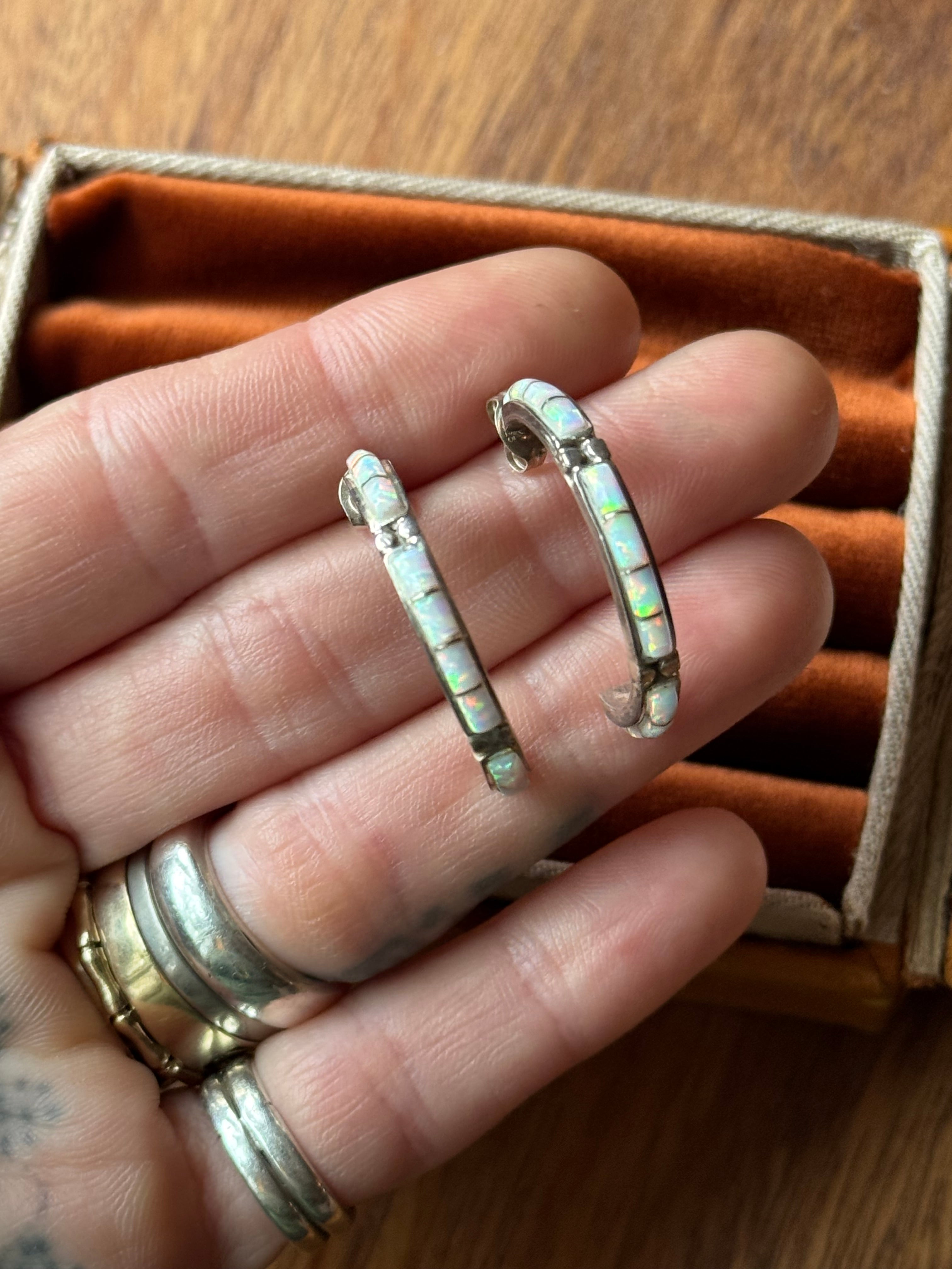 Vintage Sterling Silver Opal Inlay Half Hoops