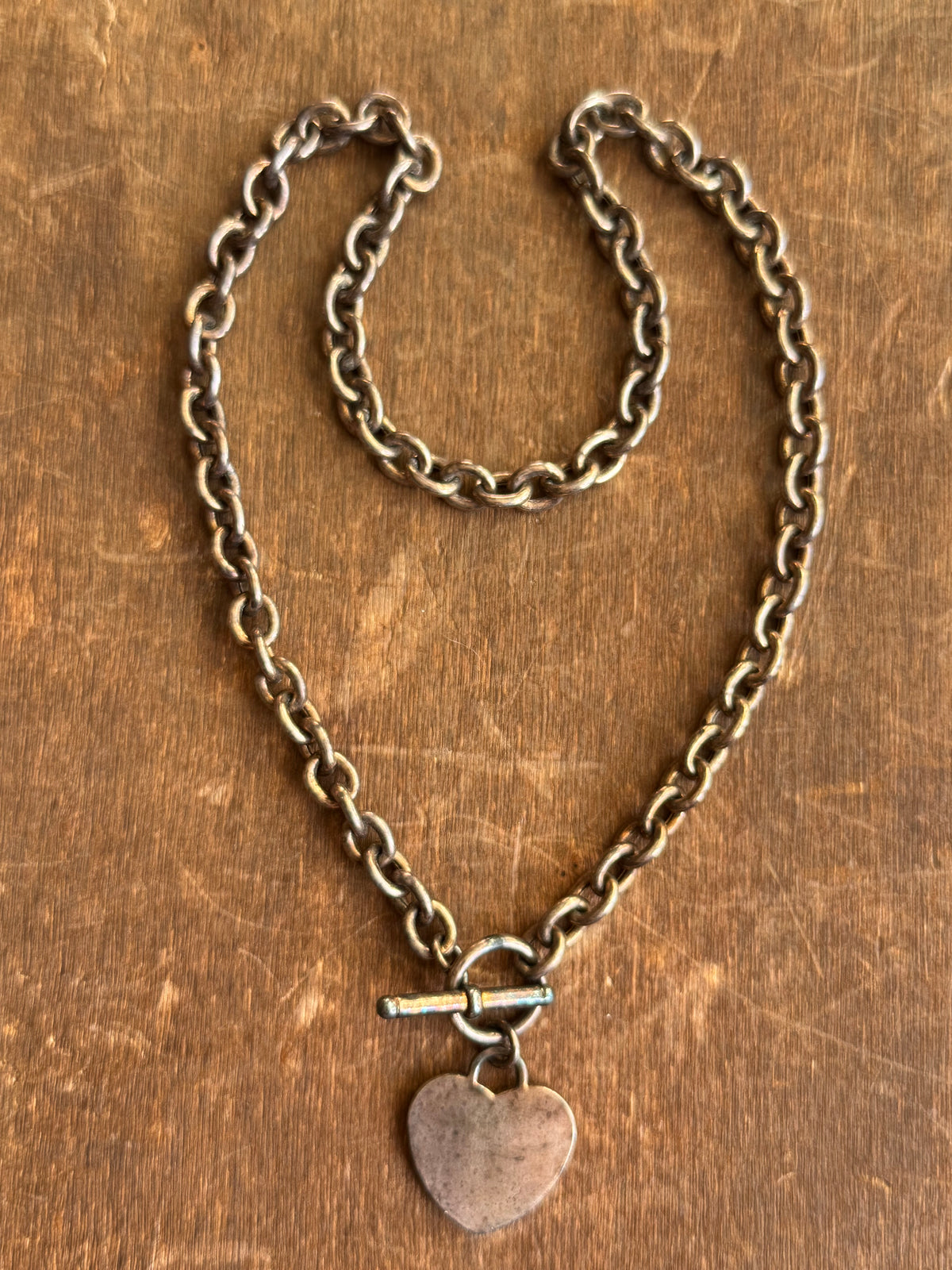 Vintage Sterling Silver 17.5” Curb Link Heart Toggle Chain Necklace