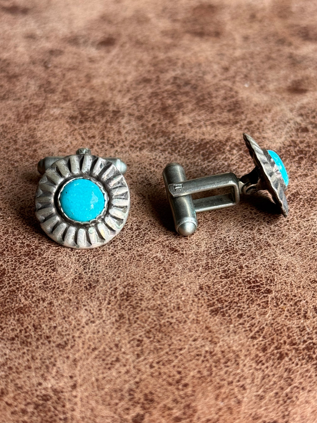 Vintage Sterling Silver Turquoise Concho Cufflinks