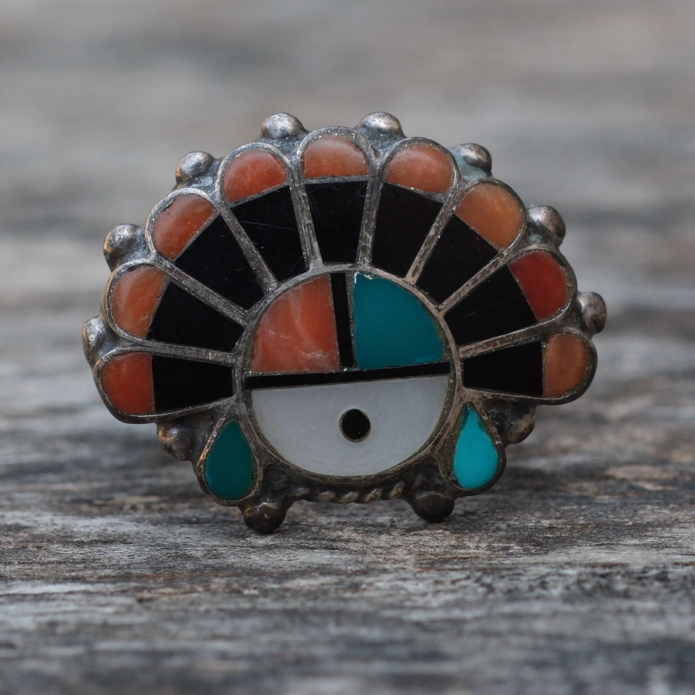 Older Vintage Sterling Multistone Inlay Headdress Ring 3.75