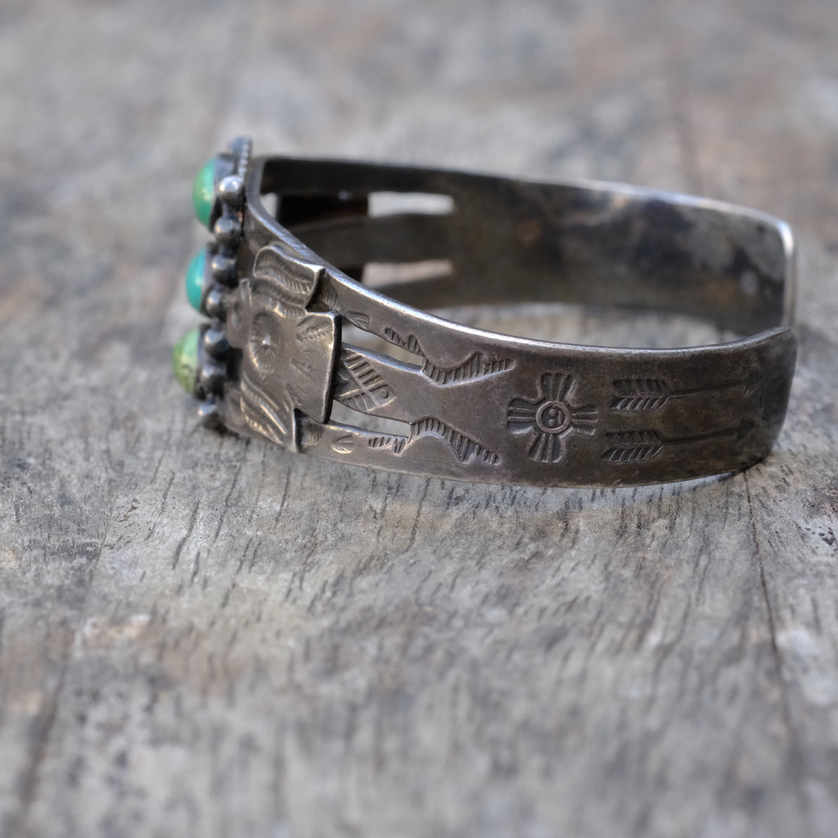 Vintage Sterling 3-Stone Turquoise Thunderbird Cuff Bracelet