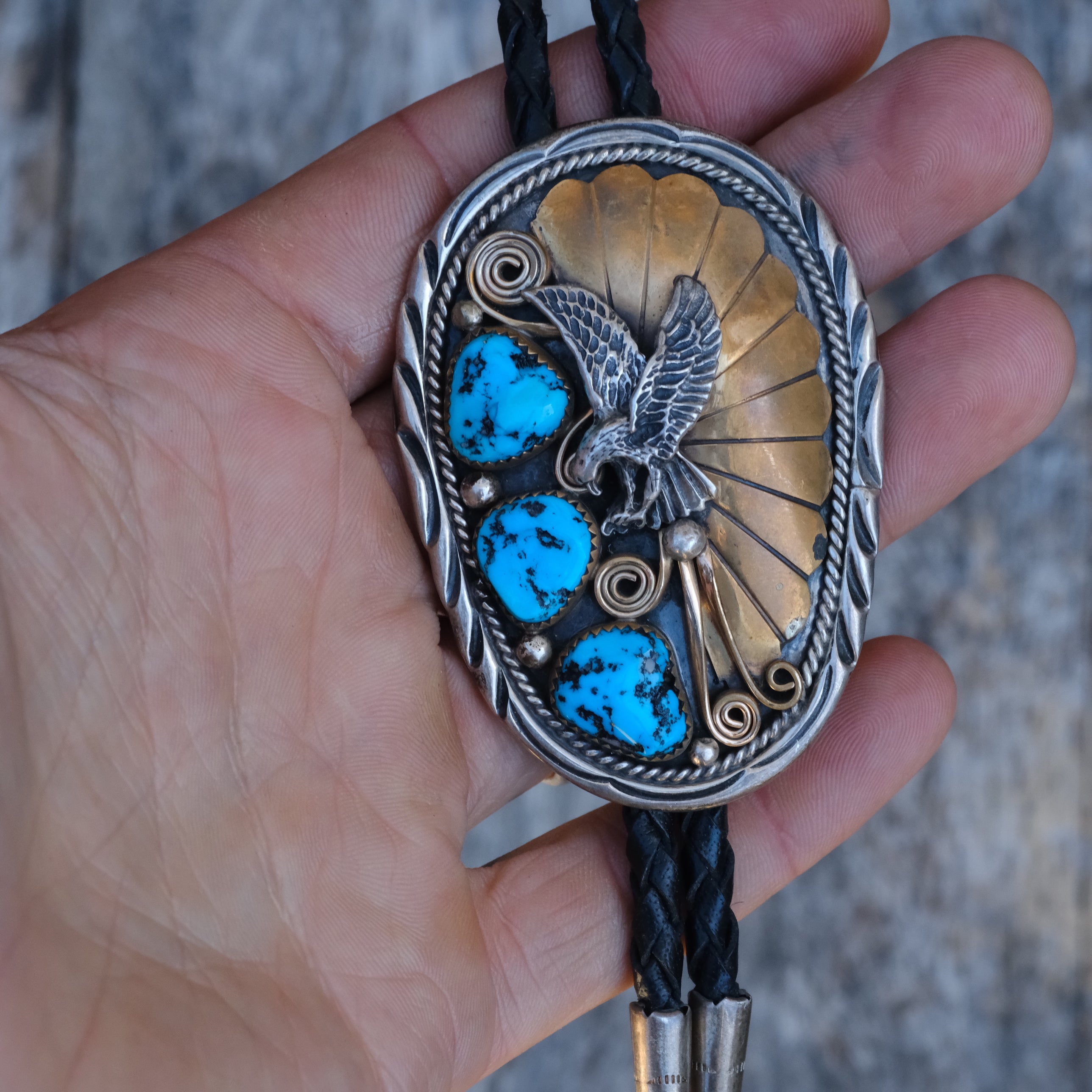 Vintage Sterling and Gold Turquoise Eagle Bolo Tie