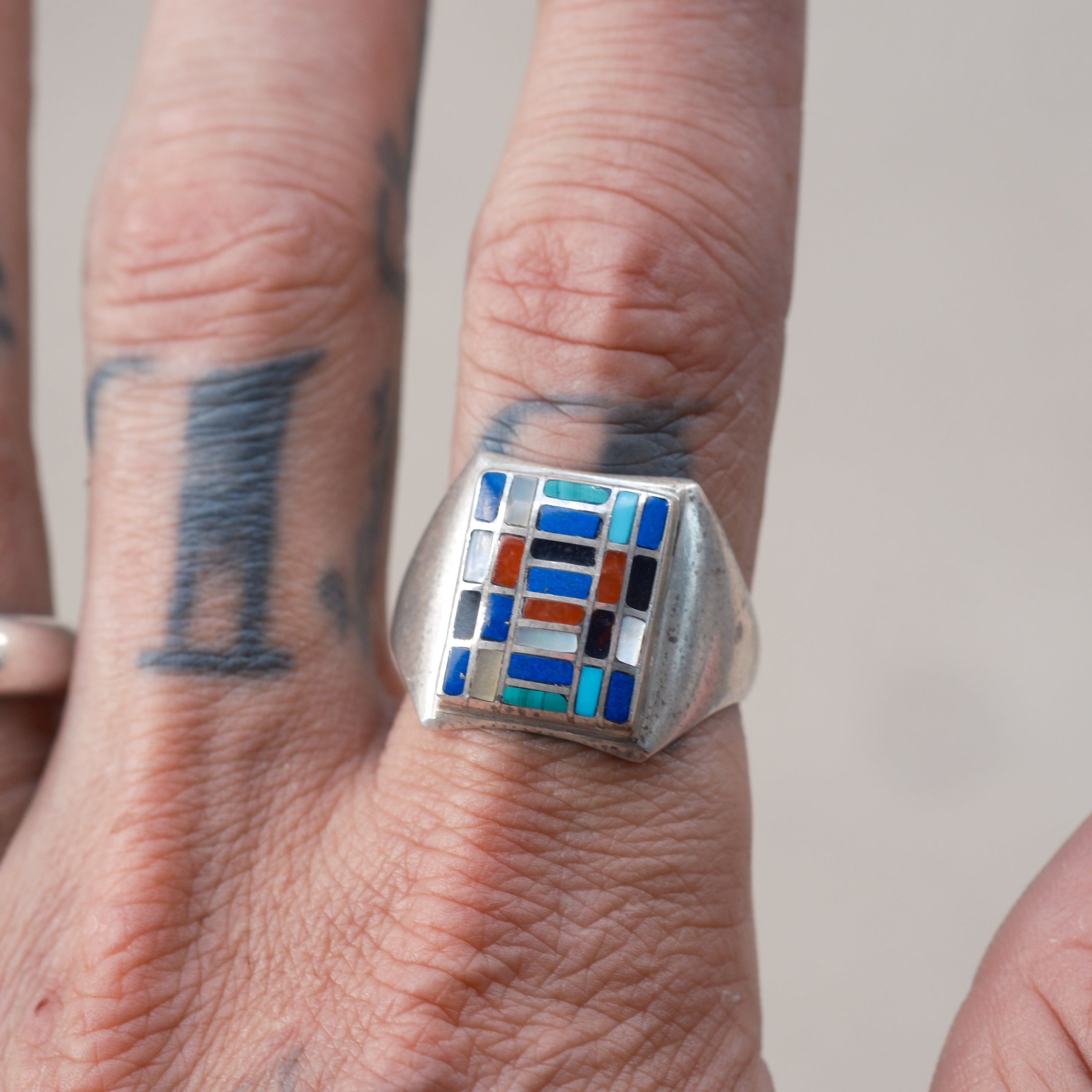 Vintage Sterling Mulstione Inlay Panel Ring 12.25