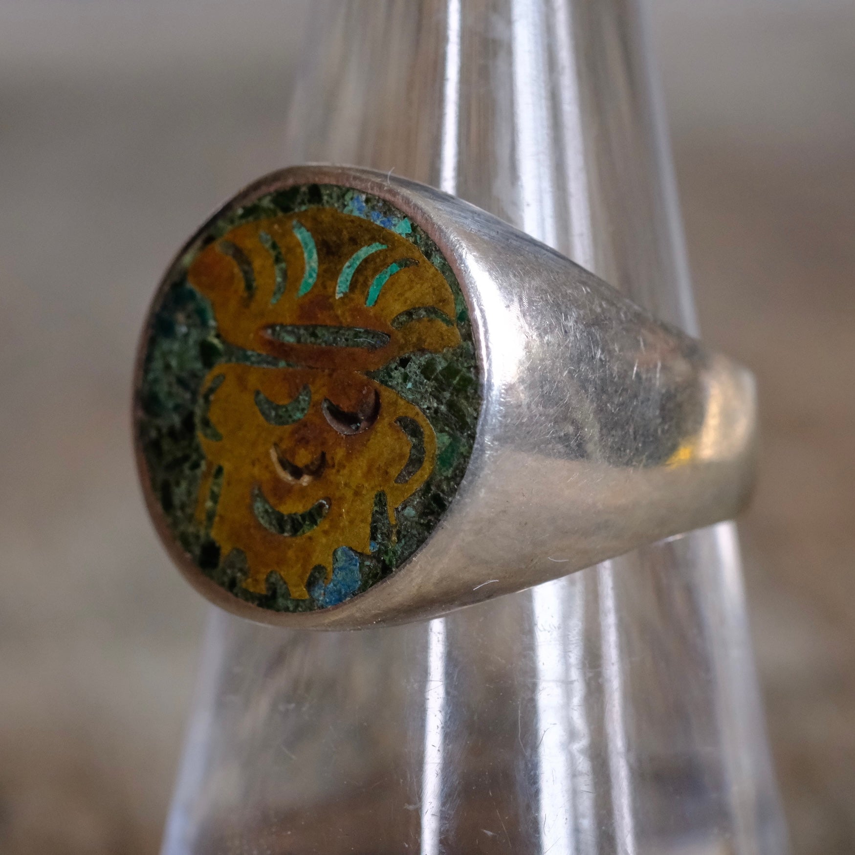Vintage Sterling Turquoise Inlay Taxco Ring 8.25