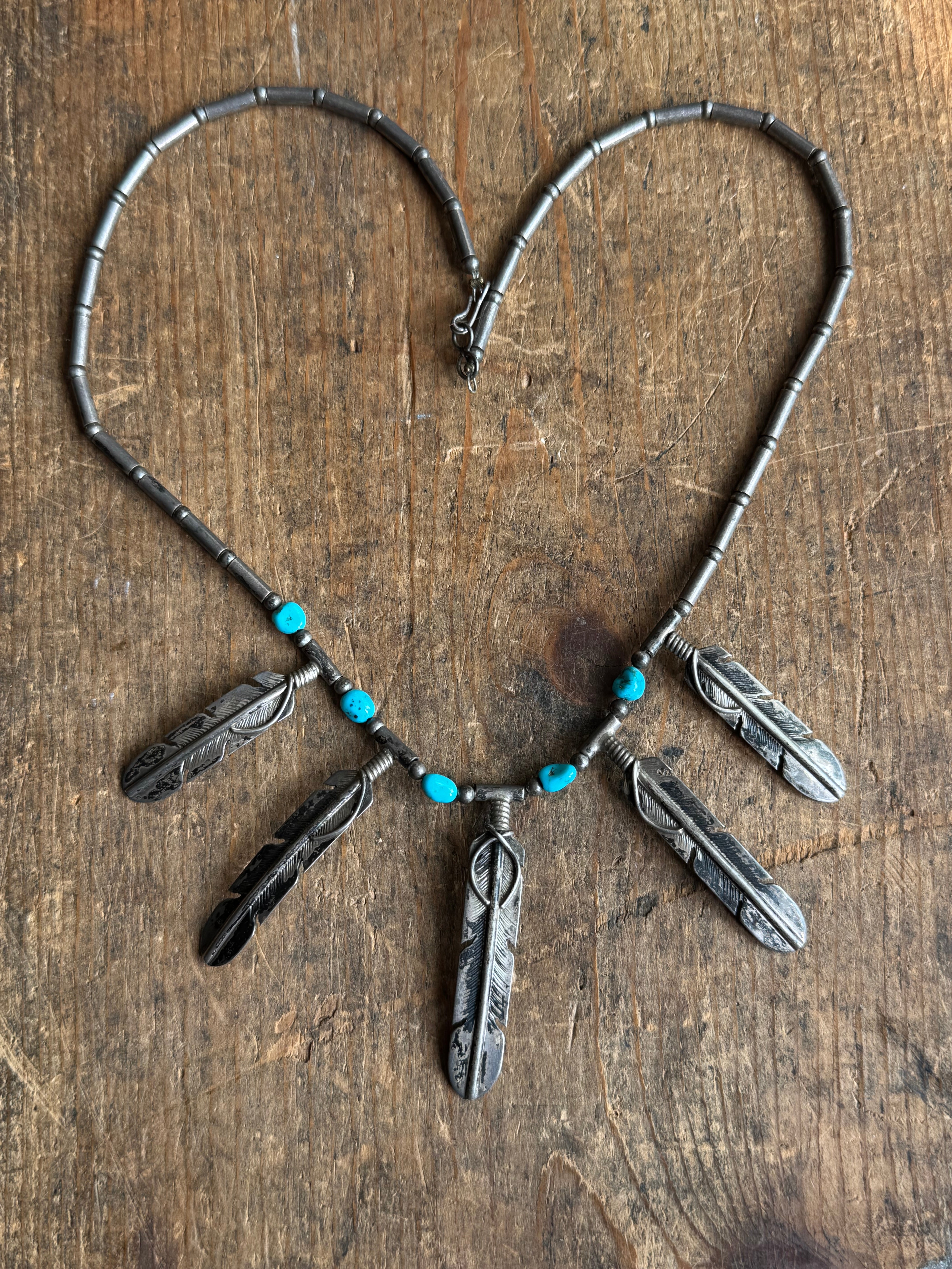 Vintage Sterling Silver Five Feather Turquoise Necklace