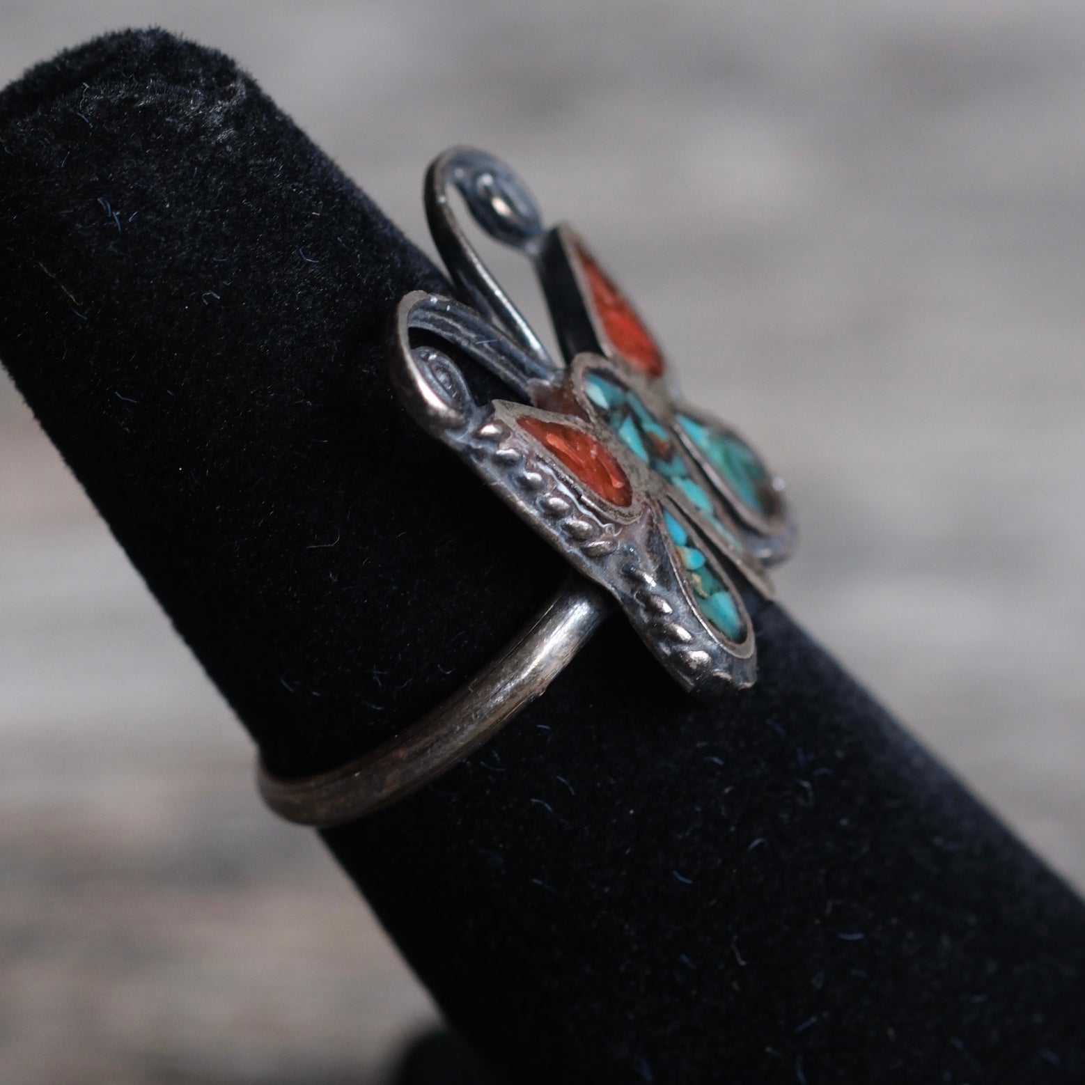 Vintage Sterling Turquoise and Coral Butterfly Ring 5