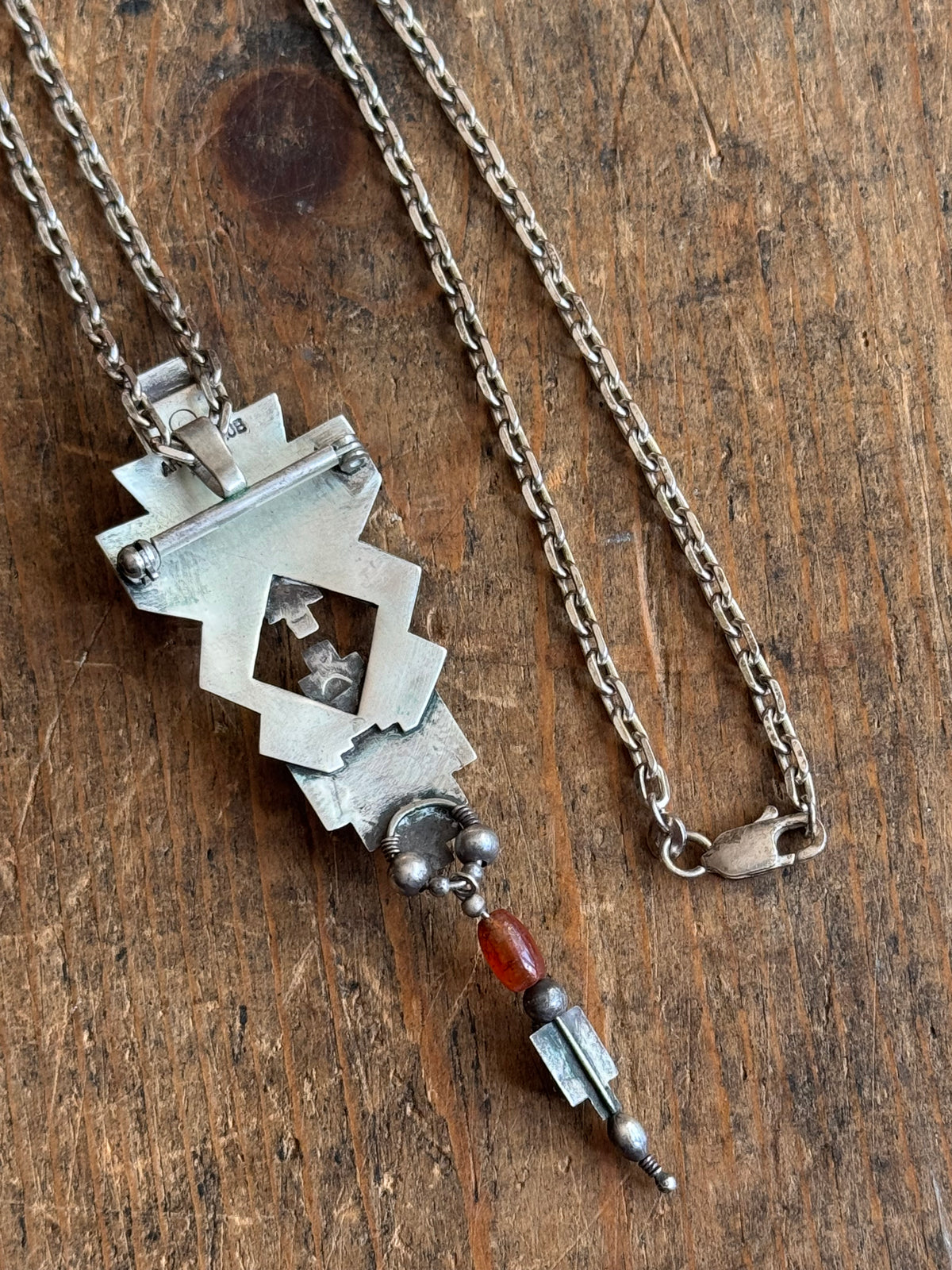 Vintage Sterling Silver Carnelian & Turquoise Stamped Totem necklace