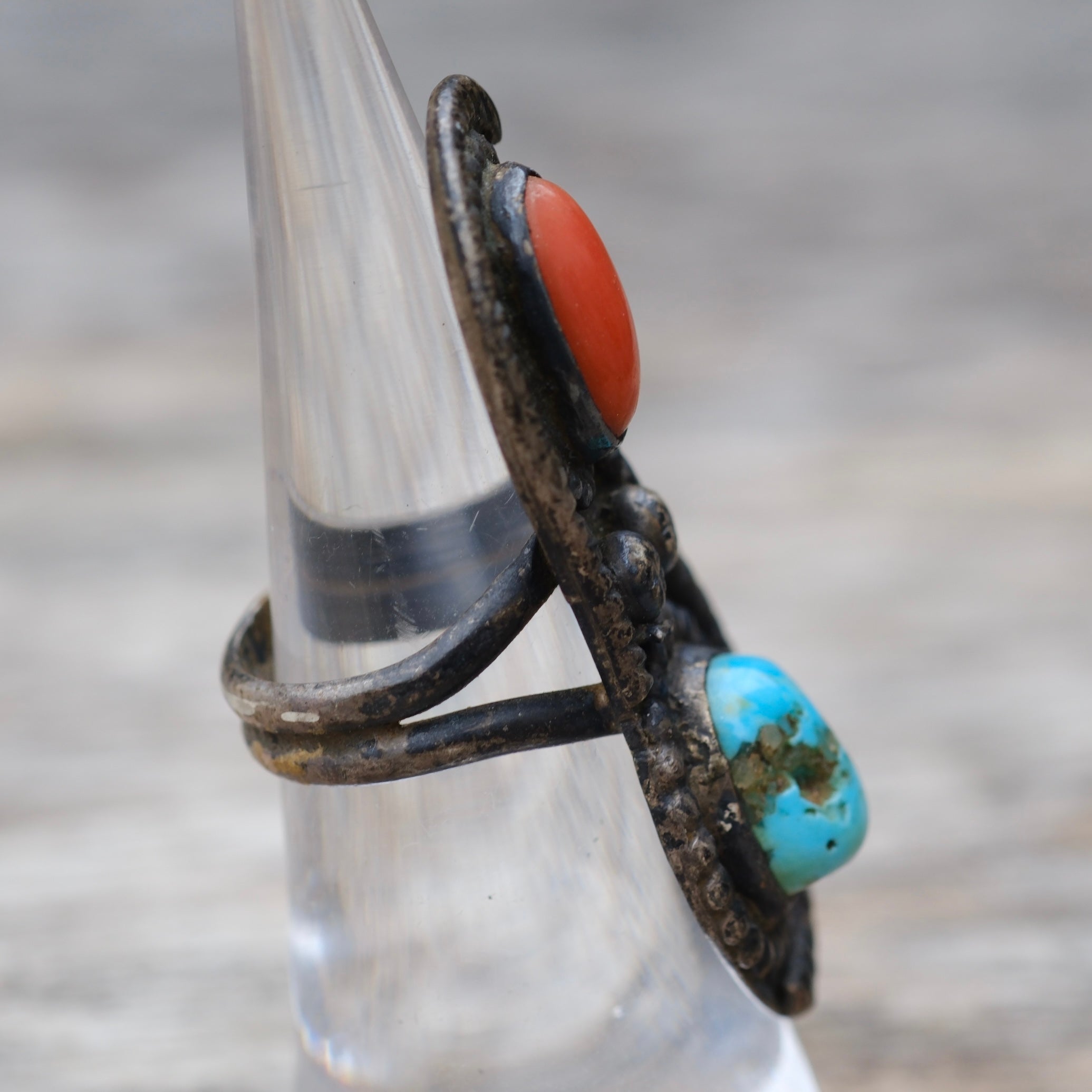 Vintage Sterling Turquoise and Coral Roper Ring 5.25