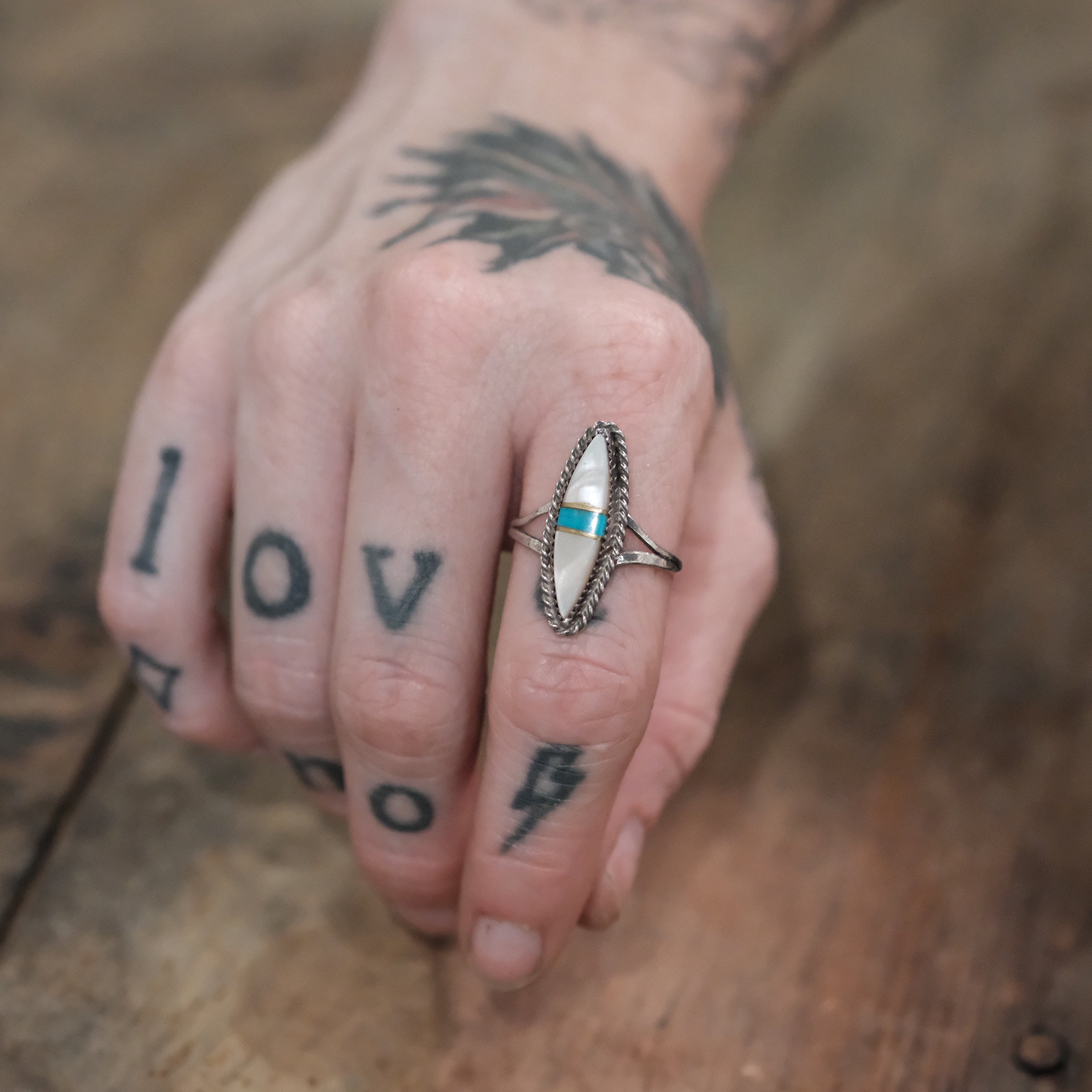 Vintage Sterling Mother Of Pearl Turquoise Ring 6.75