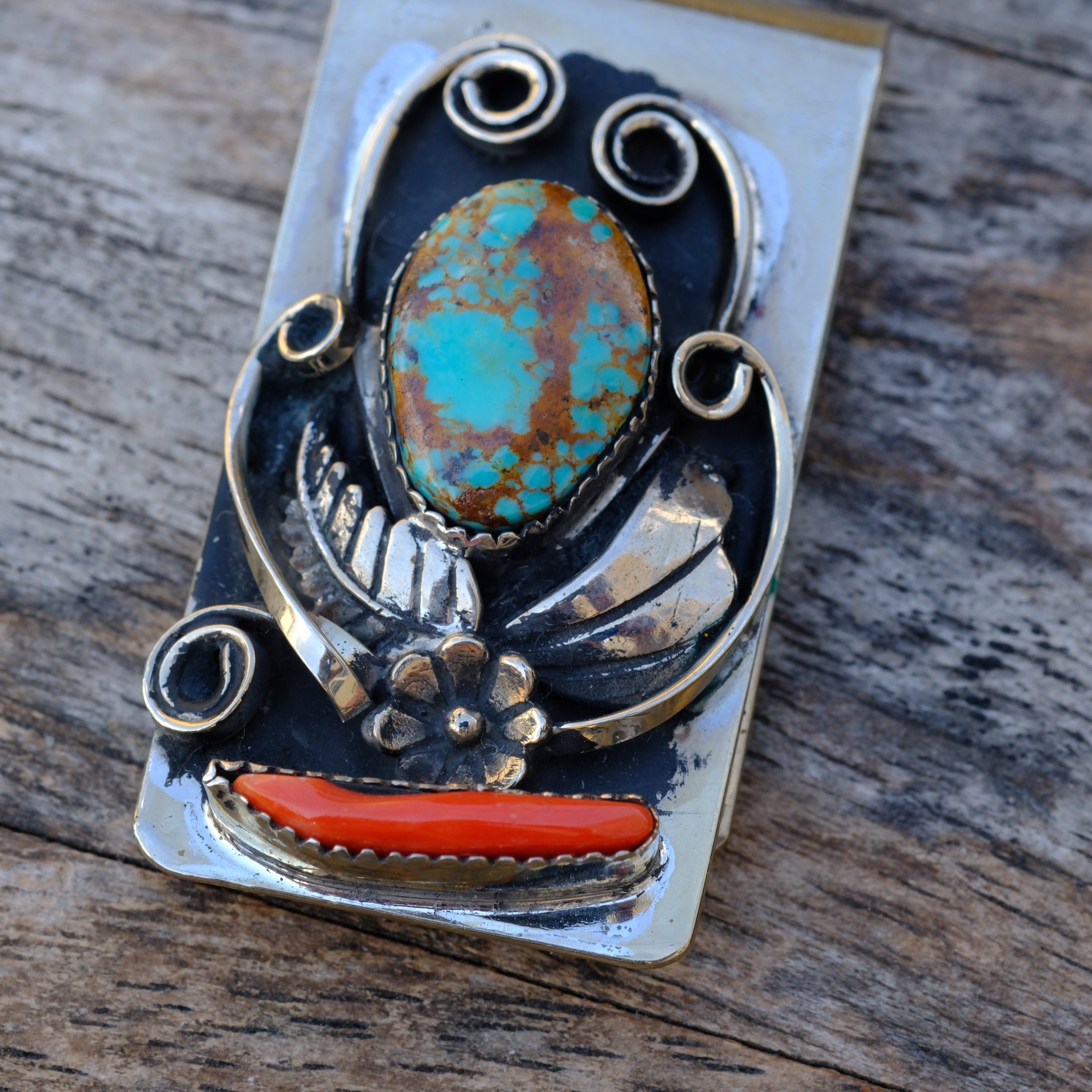Vintage Turquoise and Coral Feather Money Clip