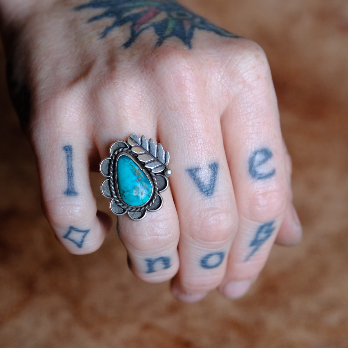 Vintage Sterling Turquoise Feather Ring 6.5