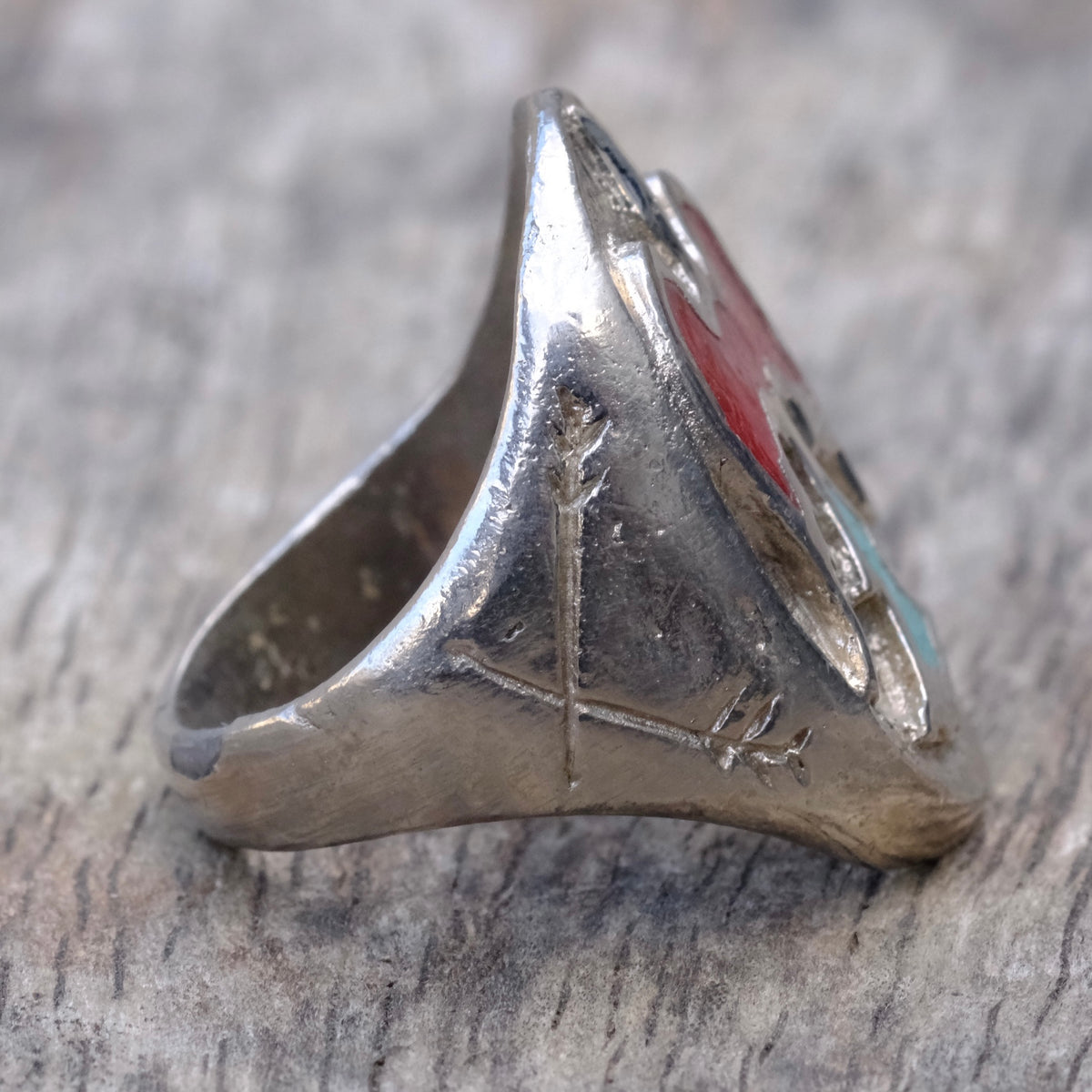 Vintage Sterling Turquoise and Coral Bird Ring 9.25
