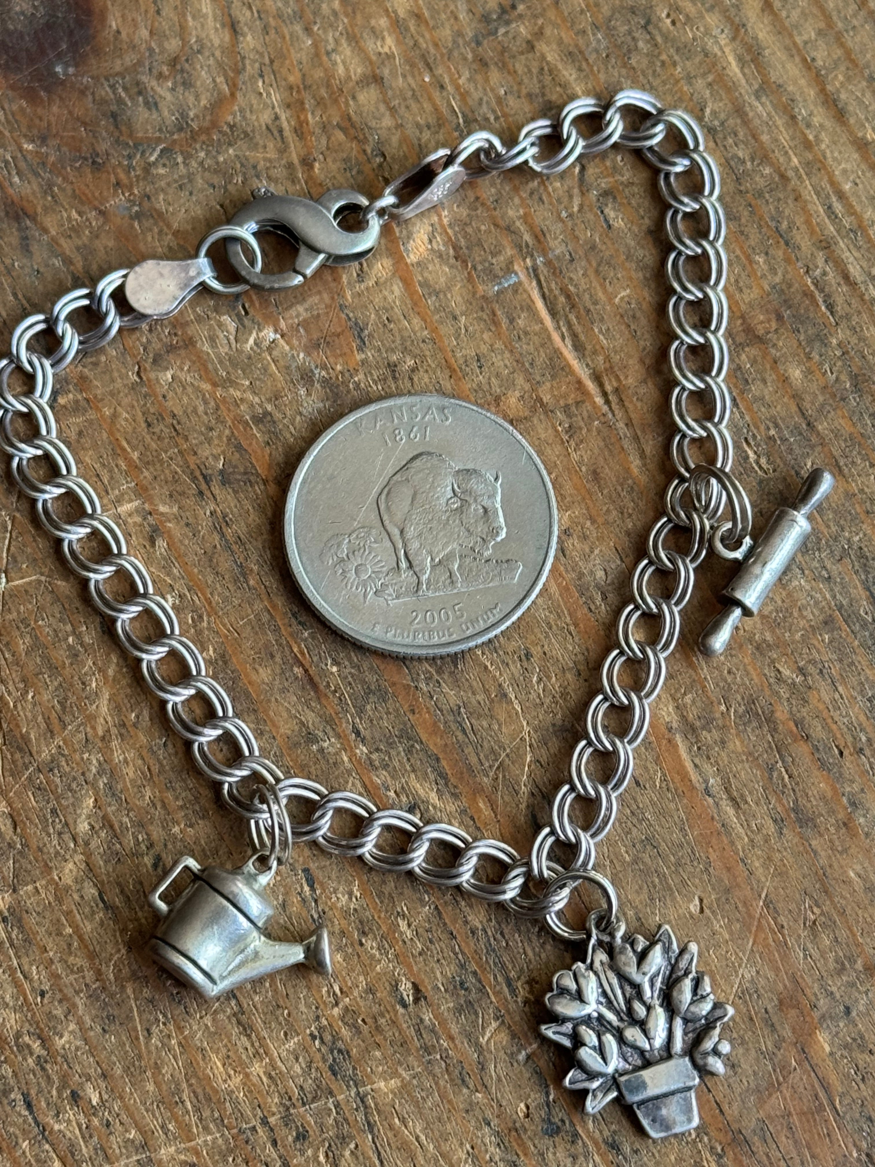 Vintage Sterling Silver 8” Double Link Chain Charm Bracelet