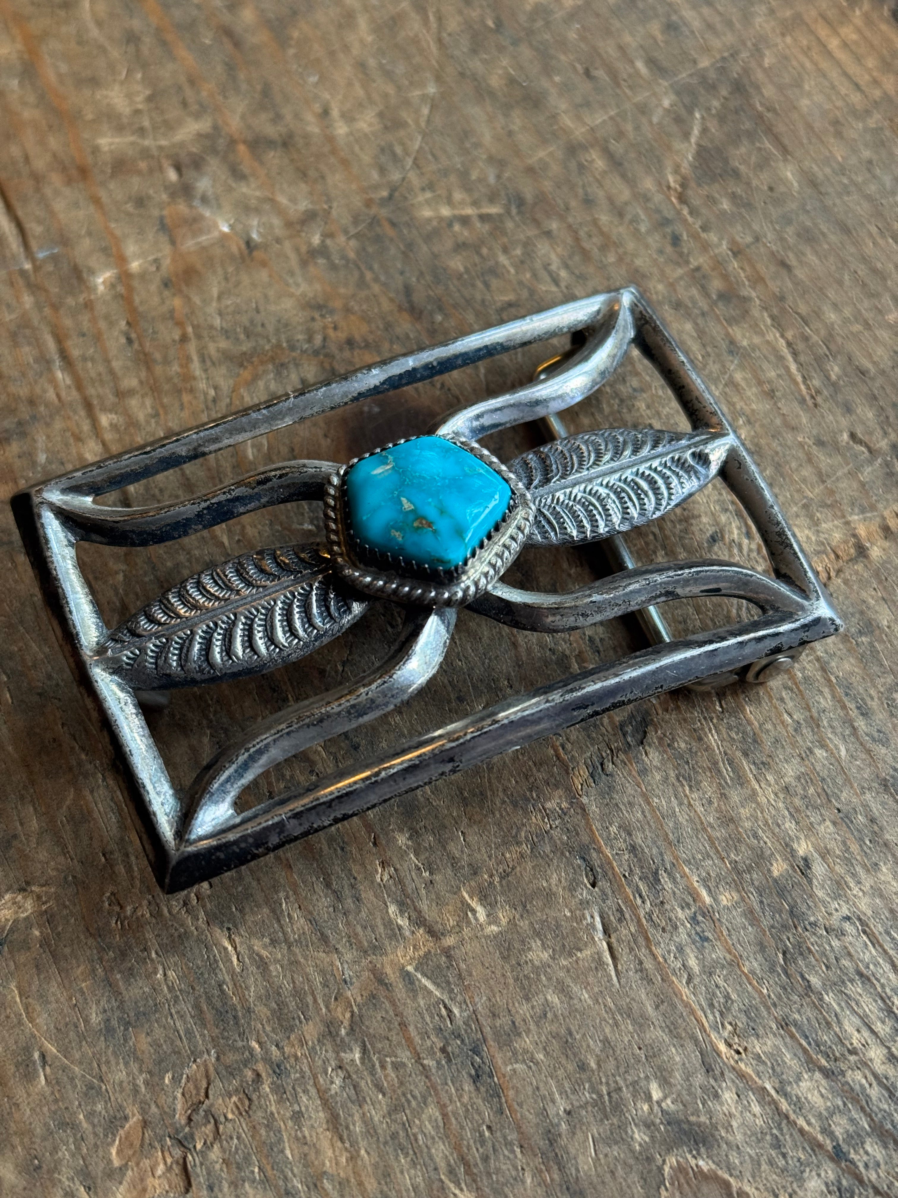 Vintage Sterling Silver Turquoise Sandcast Leaf Belt Buckle