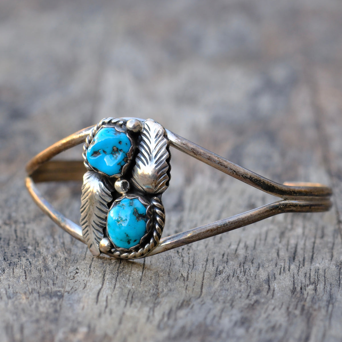 Vintage Sterling 2-Stone Turquoise Feather Cuff Bracelet