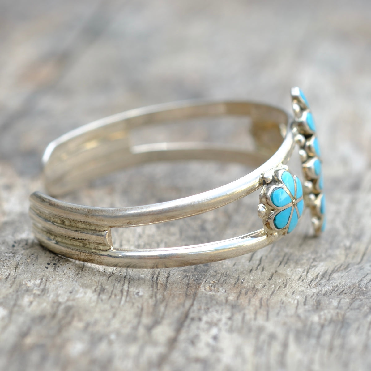 Vintage Sterling Turquoise Inlay Flower Cuff Bracelet