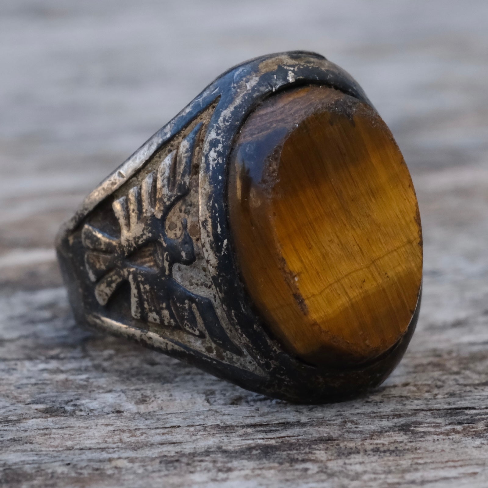 Vintage Sterling Tigers Eye Thunderbird Ring 7.5