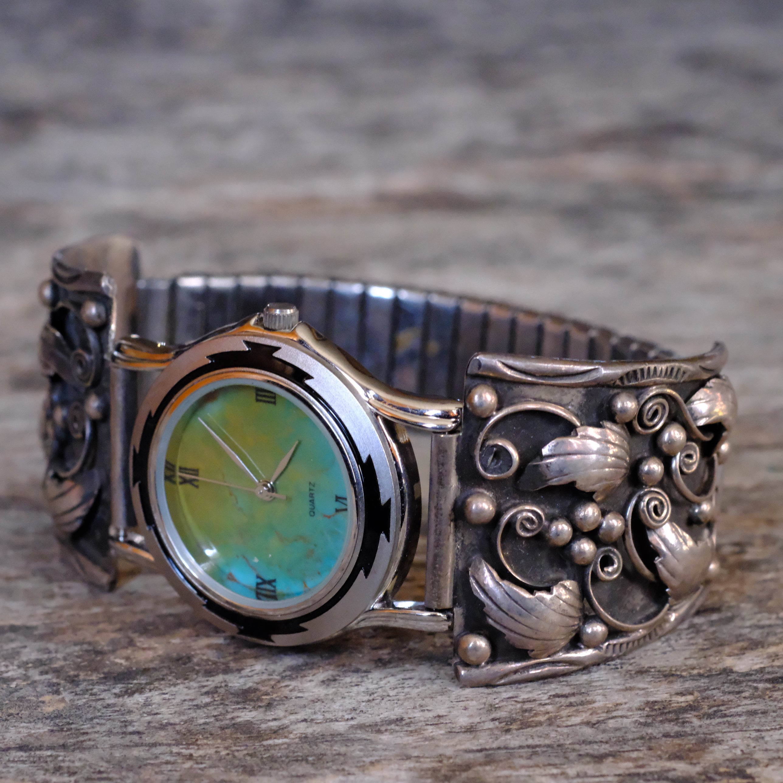 Vintage Sterling Feather Watch With Turquoise Dial