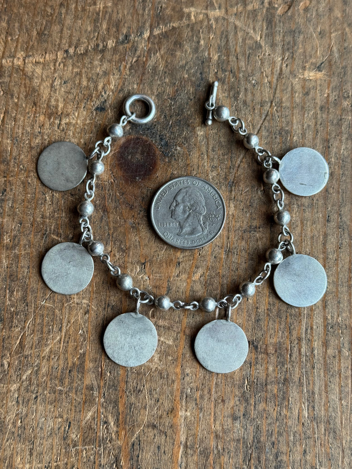 Vintage Sterling Silver Disc Charm Chain Bracelet