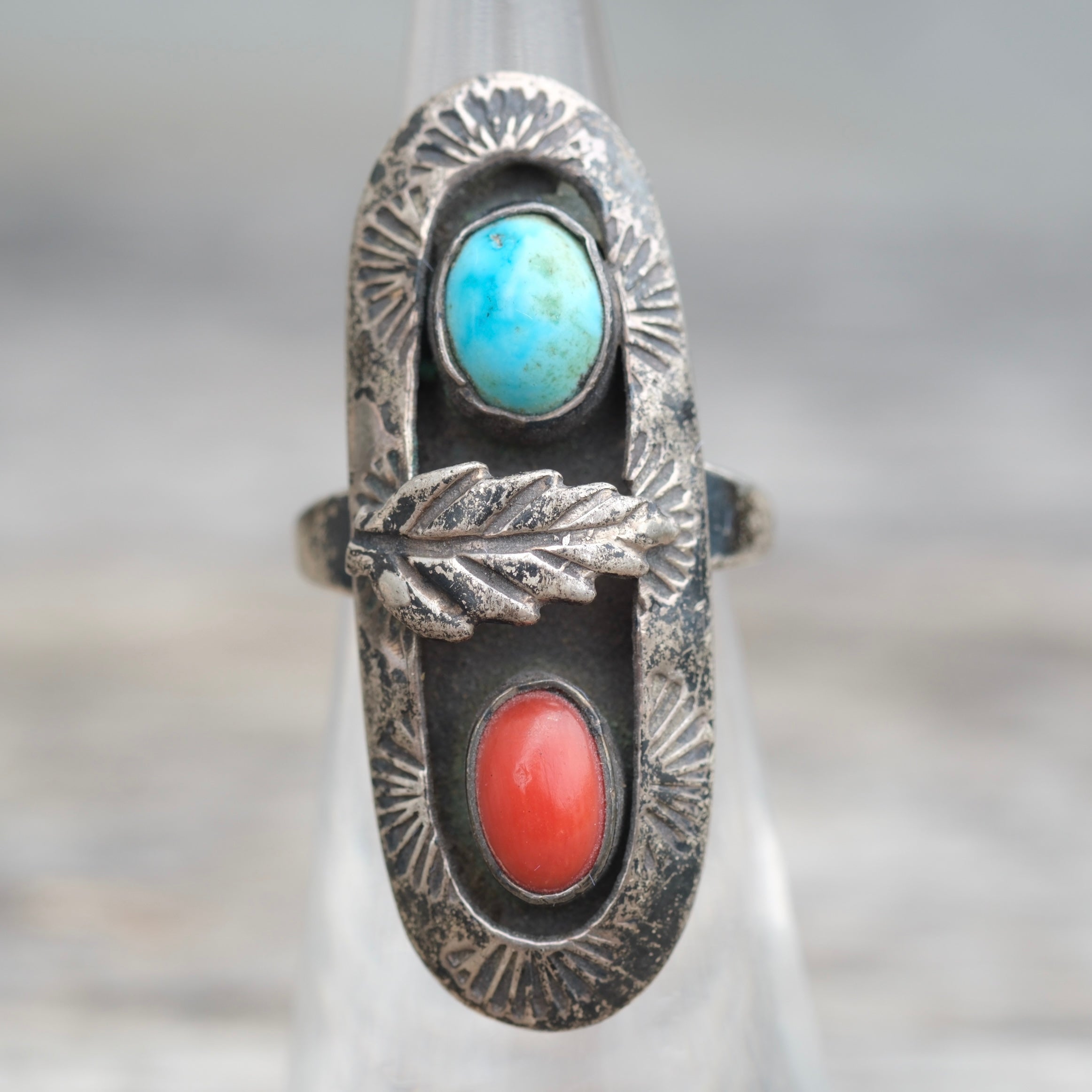 Vintage Sterling Turquoise and Coral Feather Ring 4