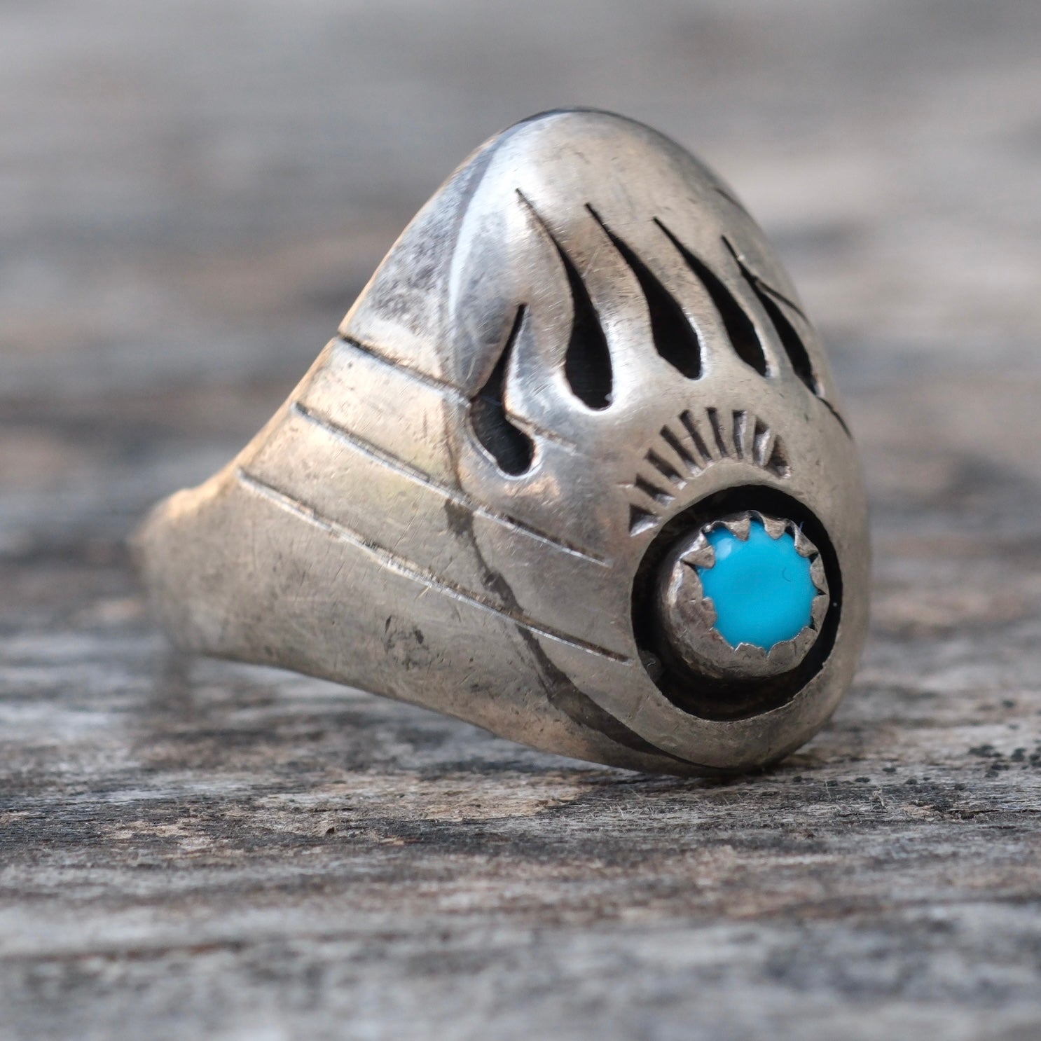 Vintage Sterling Turquoise Bear Paw Ring 8.5